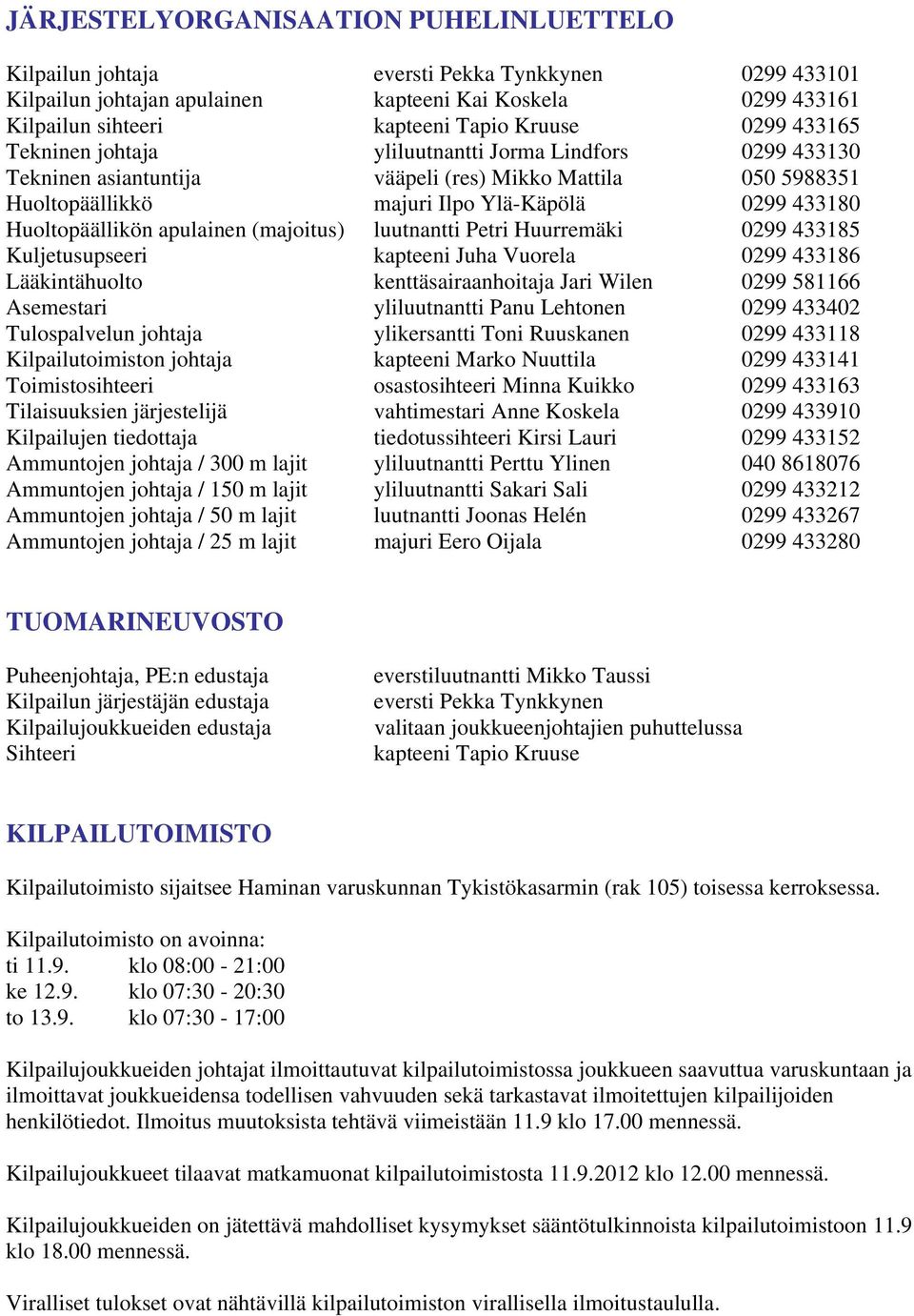 apulainen (majoitus) luutnantti Petri Huurremäki 0299 433185 Kuljetusupseeri kapteeni Juha Vuorela 0299 433186 Lääkintähuolto kenttäsairaanhoitaja Jari Wilen 0299 581166 Asemestari yliluutnantti Panu