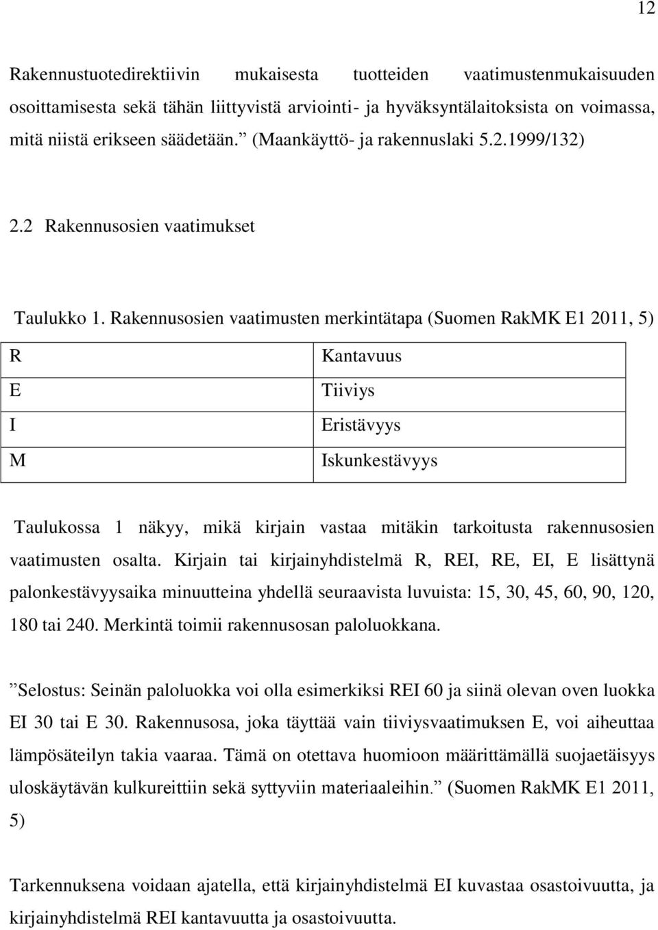 Rakennusosien vaatimusten merkintätapa (Suomen RakMK E1 2011, 5) R E I M Kantavuus Tiiviys Eristävyys Iskunkestävyys Taulukossa 1 näkyy, mikä kirjain vastaa mitäkin tarkoitusta rakennusosien