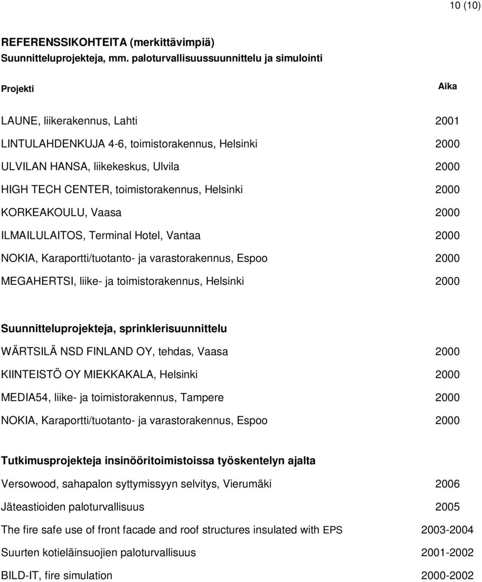 tehdas, Vaasa KIINTEISTÖ OY MIEKKAKALA, Helsinki MEDIA54, liike- ja toimistorakennus, Tampere NOKIA, Karaportti/tuotanto- ja varastorakennus, Espoo Tutkimusprojekteja insinööritoimistoissa