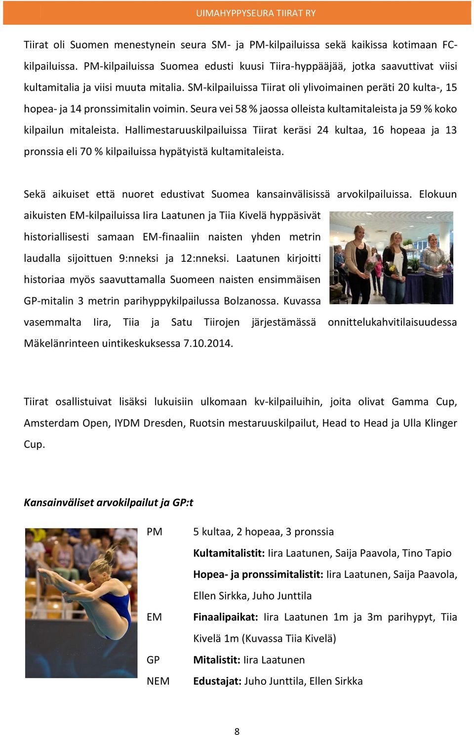 SM-kilpailuissa Tiirat oli ylivoimainen peräti 20 kulta-, 15 hopea- ja 14 pronssimitalin voimin. Seura vei 58 % jaossa olleista kultamitaleista ja 59 % koko kilpailun mitaleista.