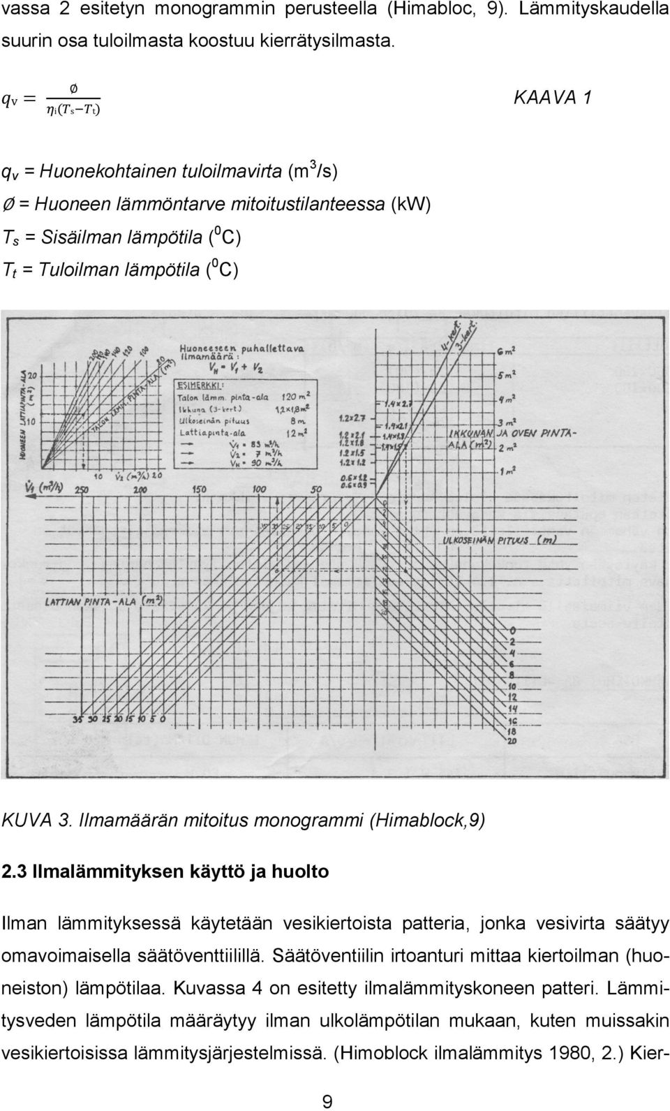 Ilmamäärän mitoitus monogrammi (Himablock,9) 2.3 Ilmalämmityksen käyttö ja huolto Ilman lämmityksessä käytetään vesikiertoista patteria, jonka vesivirta säätyy omavoimaisella säätöventtiilillä.