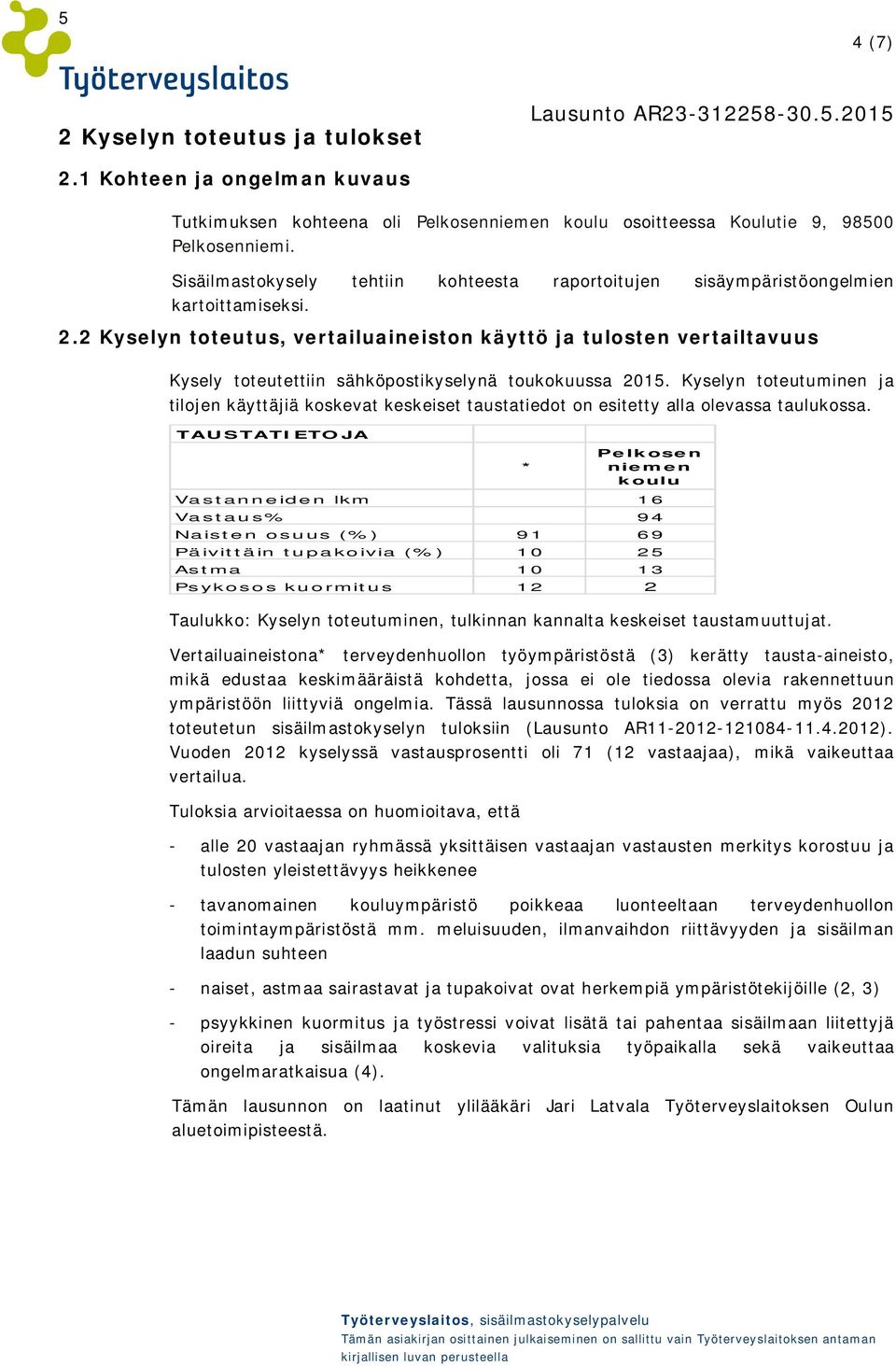 2 Kyselyn toteutus, vertailuaineiston käyttö ja tulosten vertailtavuus Kysely toteutettiin sähköpostikyselynä toukokuussa 2015.