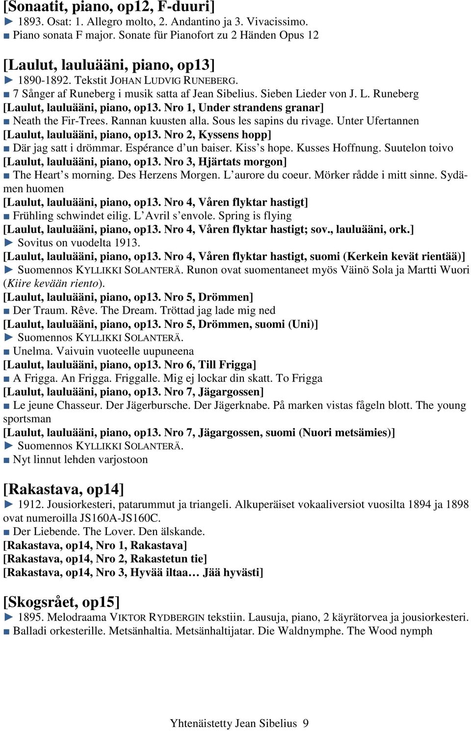 Nro 1, Under strandens granar] Neath the Fir-Trees. Rannan kuusten alla. Sous les sapins du rivage. Unter Ufertannen [Laulut, lauluääni, piano, op13. Nro 2, Kyssens hopp] Där jag satt i drömmar.