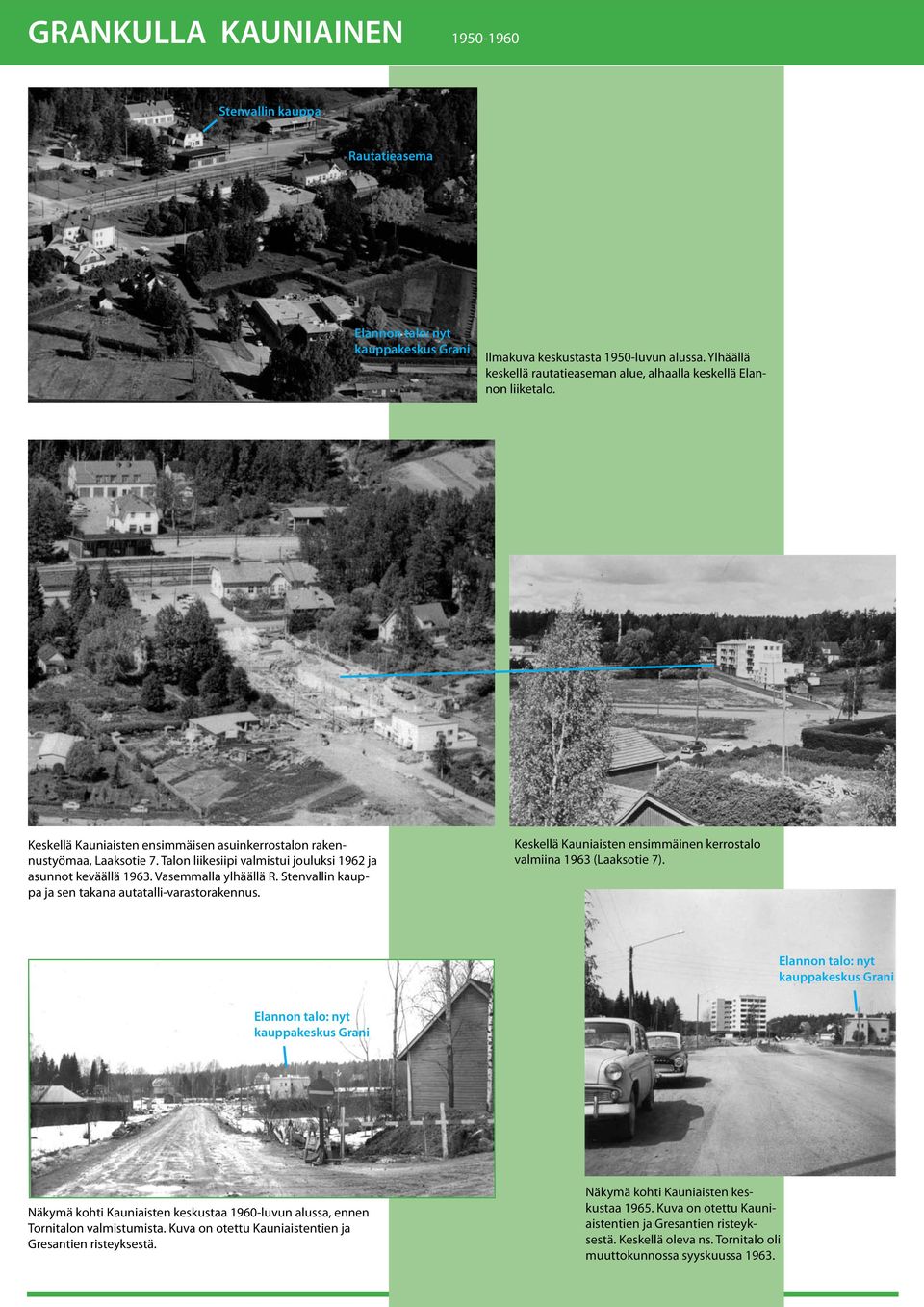 Talon liikesiipi valmistui jouluksi 1962 ja asunnot keväällä 1963. Vasemmalla ylhäällä R. Stenvallin kauppa ja sen takana autatalli-varastorakennus.