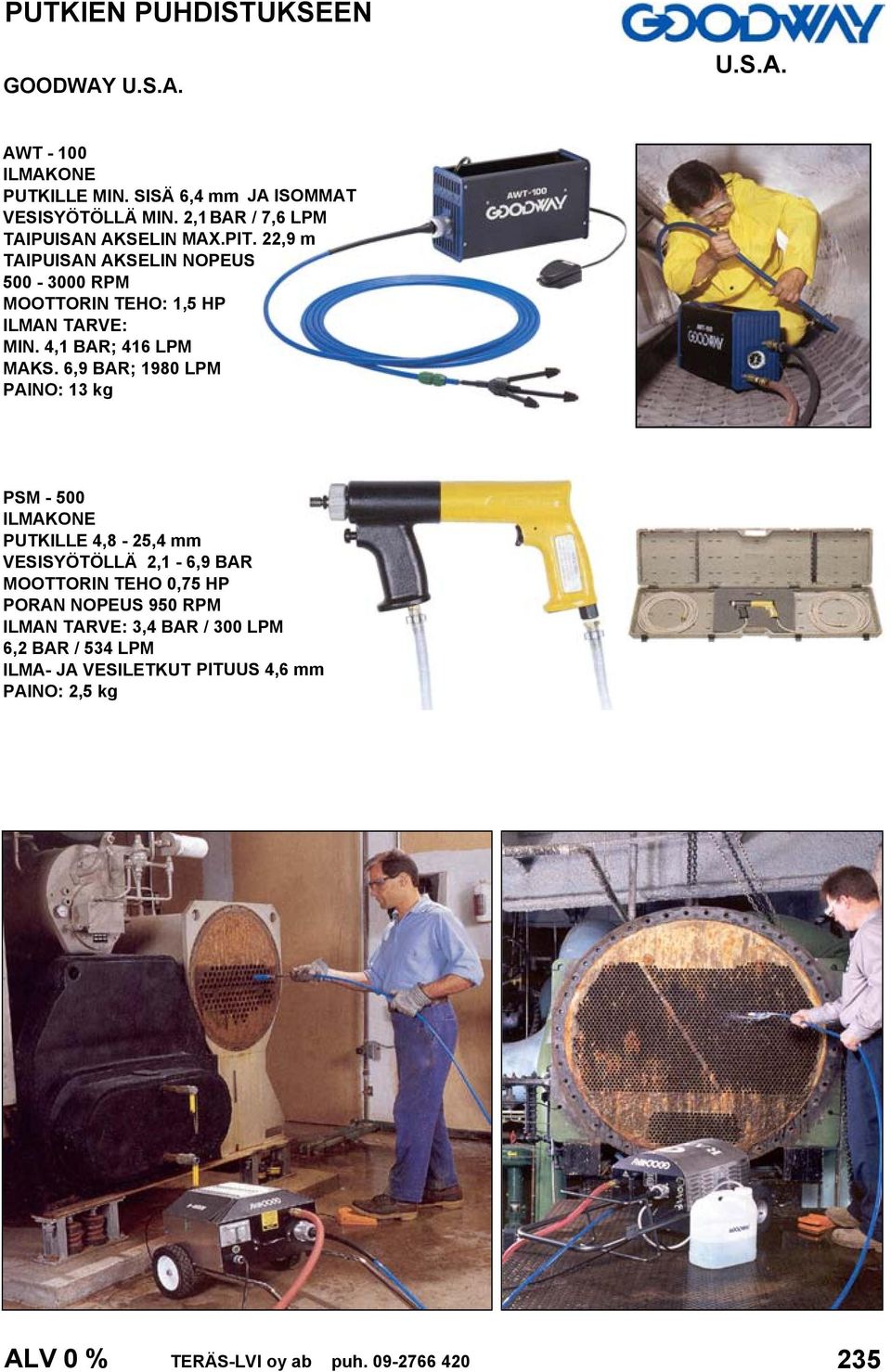 6,9 BAR; 1980 LPM PAINO: 13 kg PSM - 500 ILMAKONE PUTKILLE 4,8-25,4 mm VESISYÖTÖLLÄ 2,1-6,9 BAR MOOTTORIN TEHO 0,75 HP