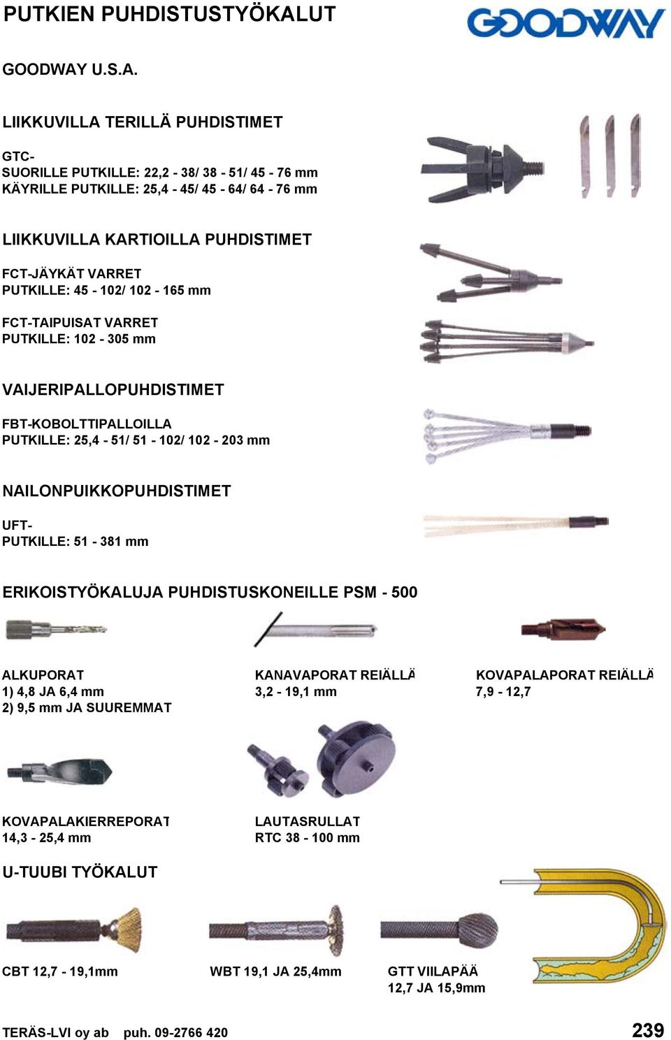 NAILONPUIKKOPUHDISTIMET UFT- PUTKILLE: 51-381 mm ERIKOISTYÖKALUJA PUHDISTUSKONEILLE PSM - 500 ALKUPORAT KANAVAPORAT REIÄLLÄ KOVAPALAPORAT REIÄLLÄ 1) 4,8 JA 6,4 mm 3,2-19,1 mm 7,9-12,7