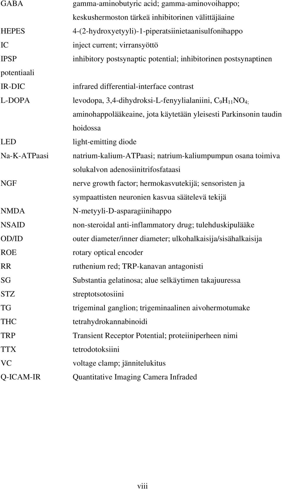 aminohappolääkeaine, jota käytetään yleisesti Parkinsonin taudin hoidossa LED light-emitting diode Na-K-ATPaasi natrium-kalium-atpaasi; natrium-kaliumpumpun osana toimiva solukalvon