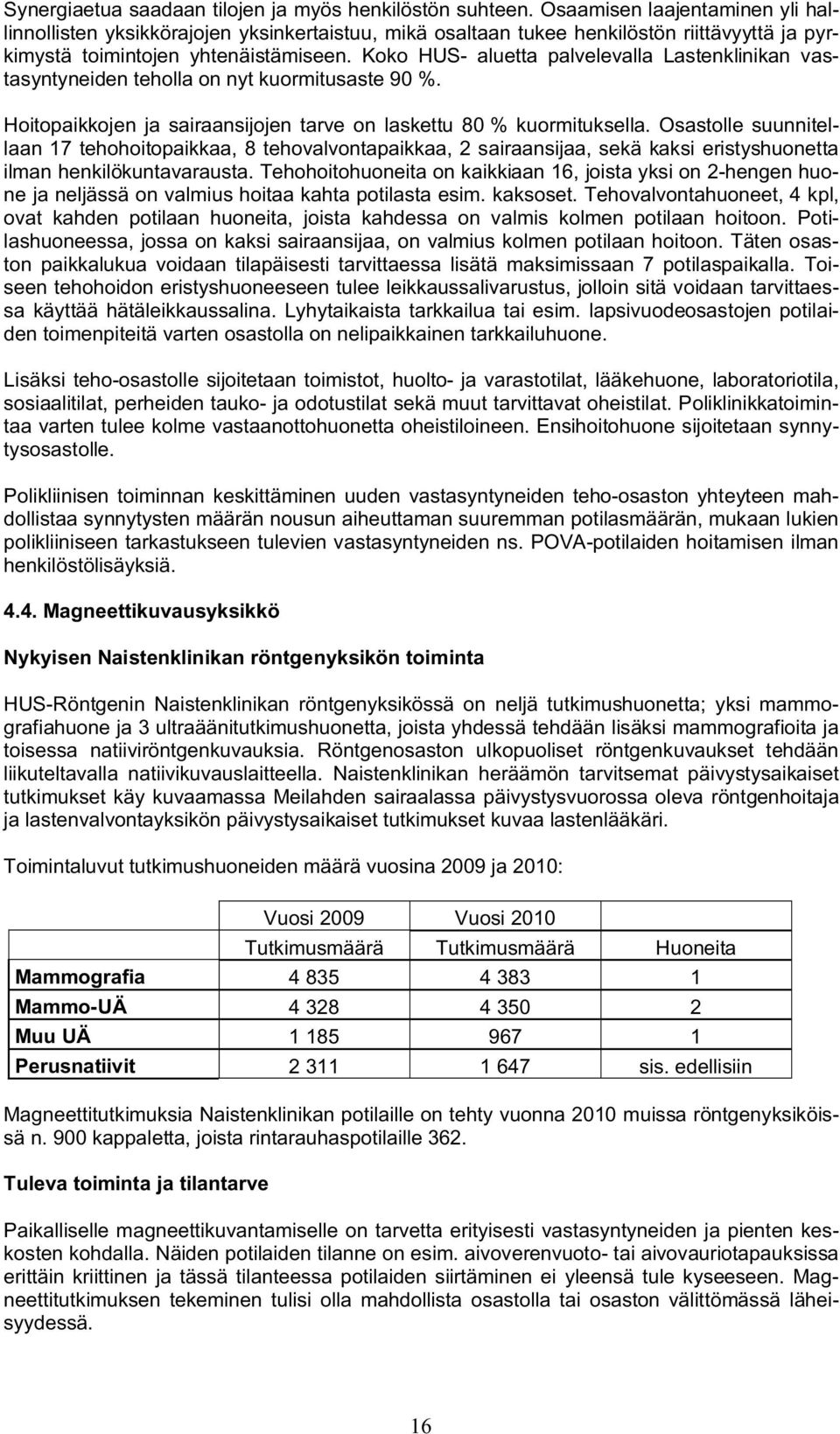 Koko HUS- aluetta palvelevalla Lastenklinikan vastasyntyneiden teholla on nyt kuormitusaste 90 %. Hoitopaikkojen ja sairaansijojen tarve on laskettu 80 % kuormituksella.