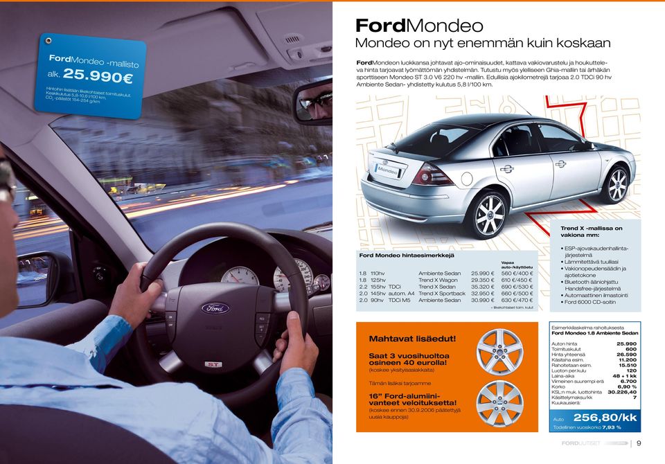 Tutustu myös ylelliseen Ghia-malliin tai ärhäkän sporttiseen Mondeo ST 3.0 V6 220 hv -malliin. Edullisia ajokilometrejä tarjoaa 2.0 TDCi 90 hv Ambiente Sedan- yhdistetty kulutus 5,8 l/100 km.