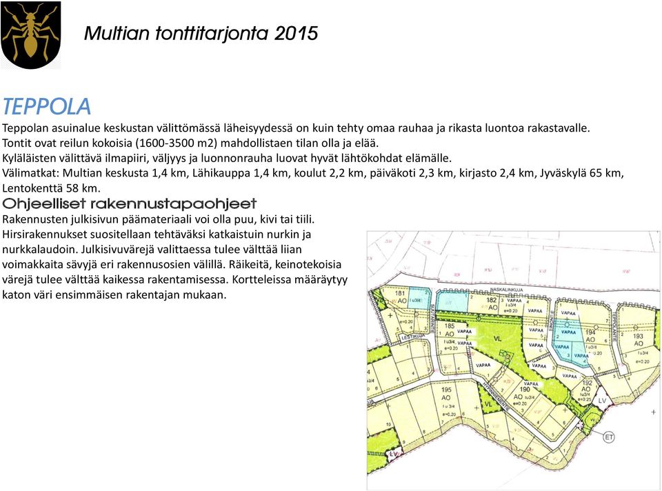 Välimatkat: Multian keskusta 1,4 km, Lähikauppa 1,4 km, koulut 2,2 km, päiväkoti 2,3 km, kirjasto 2,4 km, Jyväskylä 65 km, Lentokenttä 58 km.