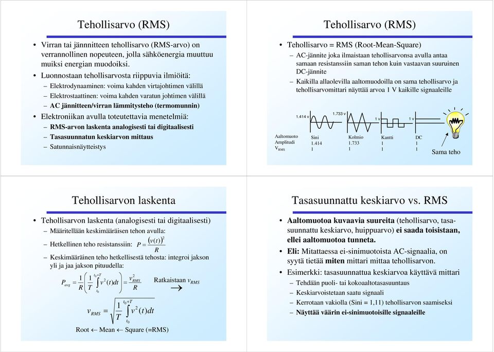 Elektroniikan aulla toteutettaia menetelmiä: MS-aron laskenta analogisesti tai digitaalisesti asasuunnatun keskiaron mittaus Satunnaisnäytteistys ehollisaro (MS) ehollisaro = MS (oot-mean-square)