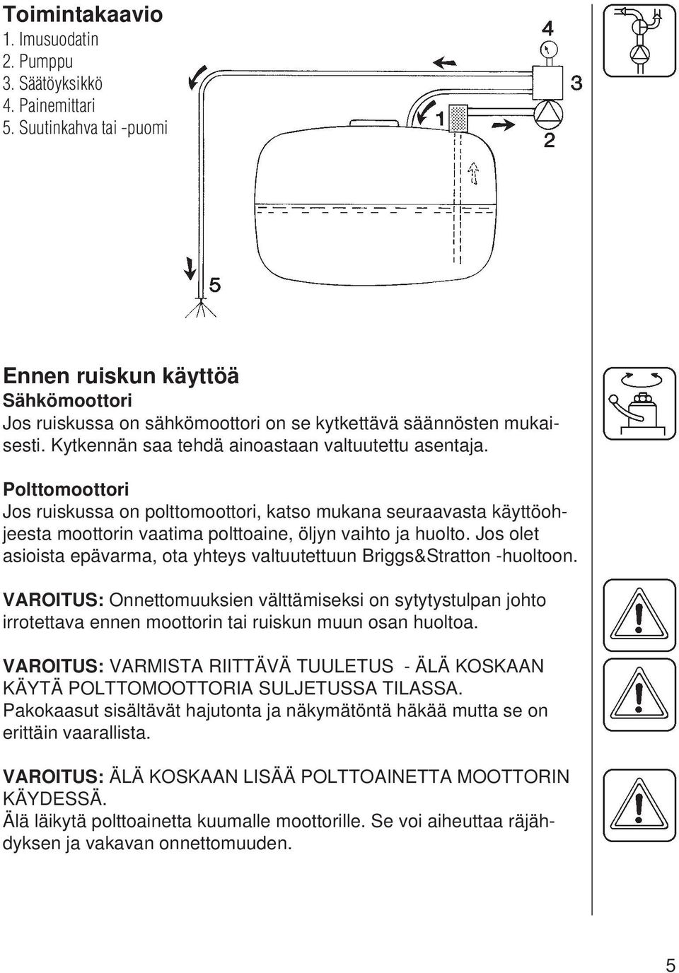 Polttomoottori Jos ruiskussa on polttomoottori, katso mukana seuraavasta käyttöohjeesta moottorin vaatima polttoaine, öljyn vaihto ja huolto.