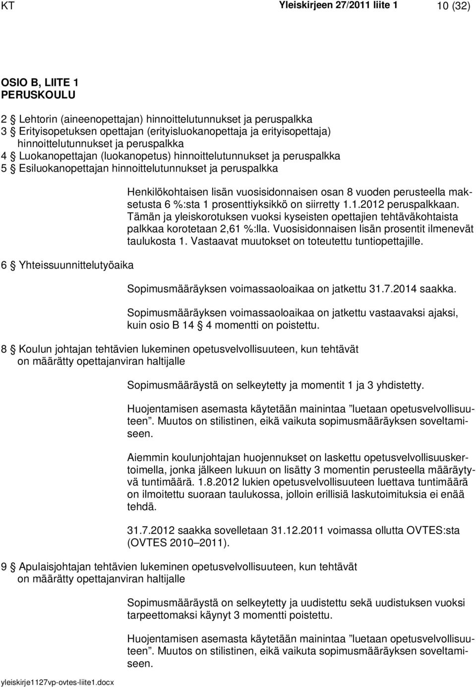 Yhteissuunnittelutyöaika Henkilökohtaisen lisän vuosisidonnaisen osan 8 vuoden perusteella maksetusta 6 %:sta 1 prosenttiyksikkö on siirretty 1.1.2012 peruspalkkaan.