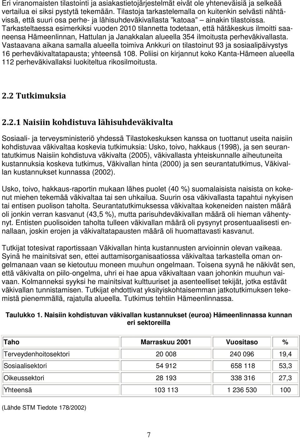 Tarkasteltaessa esimerkiksi vuoden 2010 tilannetta todetaan, että hätäkeskus ilmoitti saaneensa Hämeenlinnan, Hattulan ja Janakkalan alueella 354 ilmoitusta perheväkivallasta.