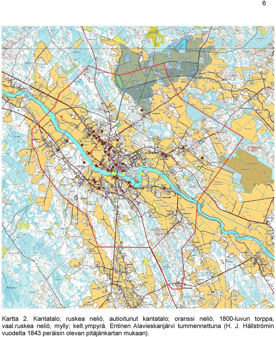 neliö, 1800-luvun torppa, vaal.ruskea neliö, mylly; kelt.