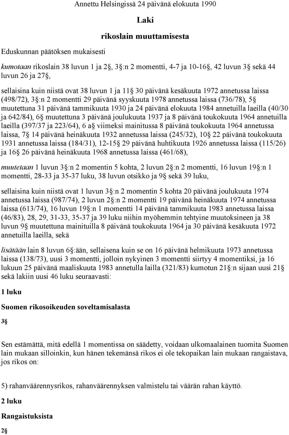 päivänä tammikuuta 1930 ja 24 päivänä elokuuta 1984 annetuilla laeilla (40/30 ja 642/84), 6 muutettuna 3 päivänä joulukuuta 1937 ja 8 päivänä toukokuuta 1964 annetuilla laeilla (397/37 ja 223/64), 6