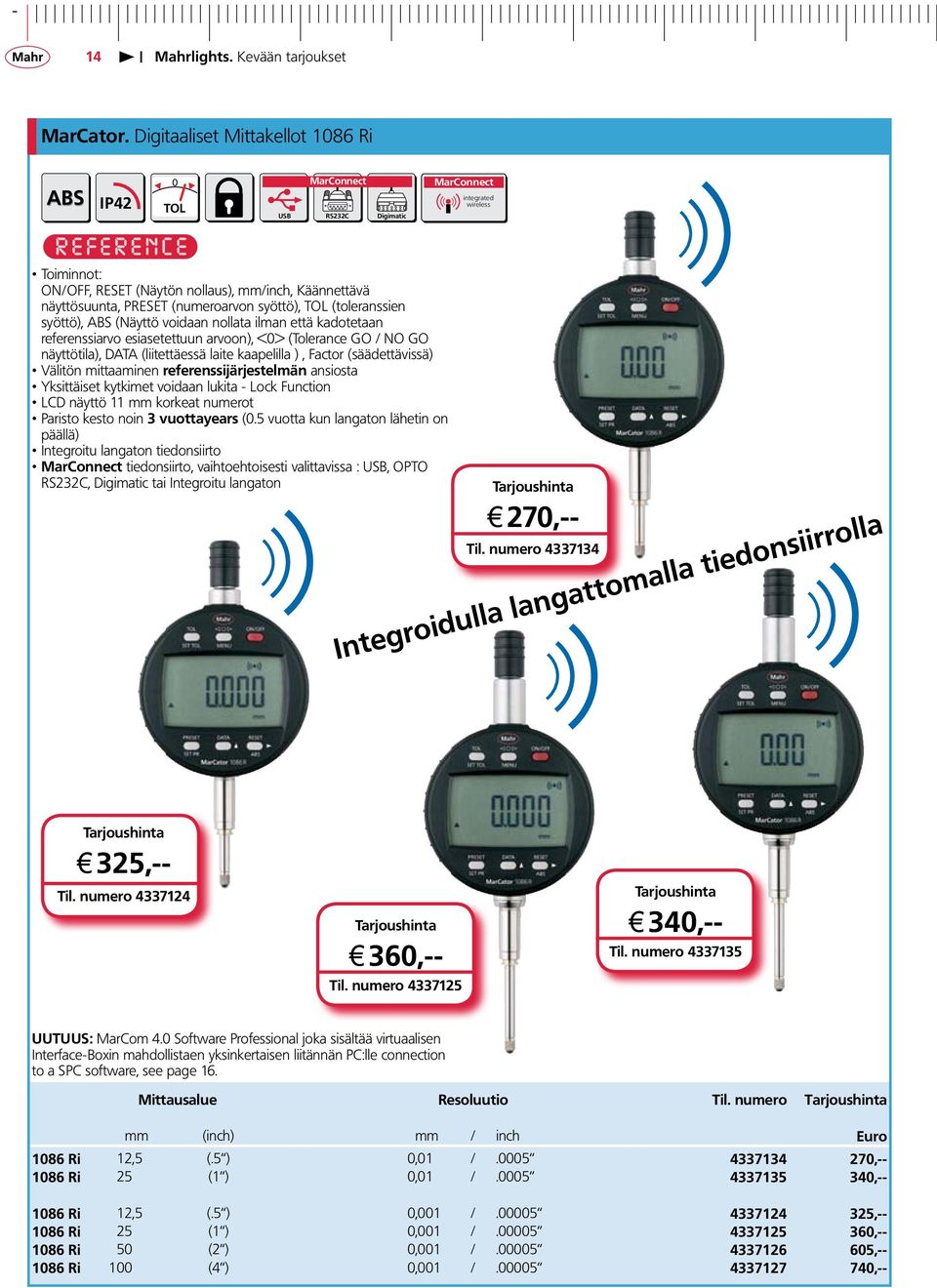 (toleranssien syöttö), ABS (Näyttö voidaan nollata ilman että kadotetaan referenssiarvo esiasetettuun arvoon), <0> (Tolerance GO / NO GO näyttötila), DATA (liitettäessä laite kaapelilla ), Factor