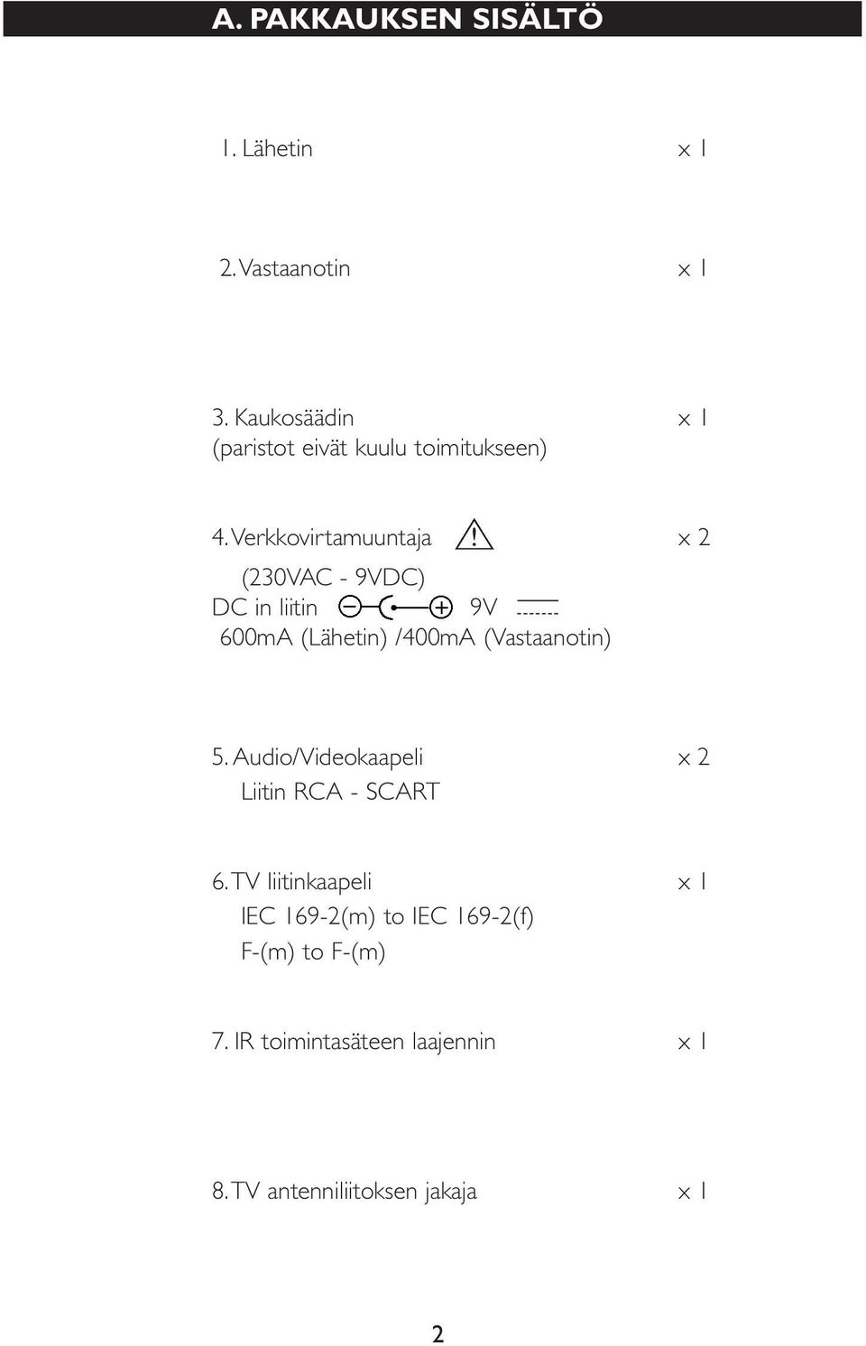 x 2 (230VAC - 9VDC) DC in liitin 9V 600mA (Lähetin) /400mA (Vastaanotin) 5.