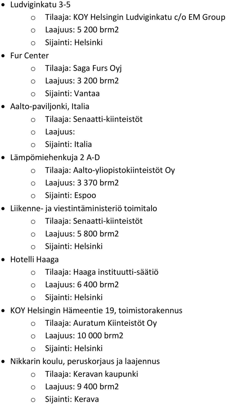 viestintäministeriö toimitalo o Laajuus: 5 800 brm2 Hotelli Haaga o Tilaaja: Haaga instituutti säätiö o Laajuus: 6 400 brm2 KOY Helsingin Hämeentie 19,