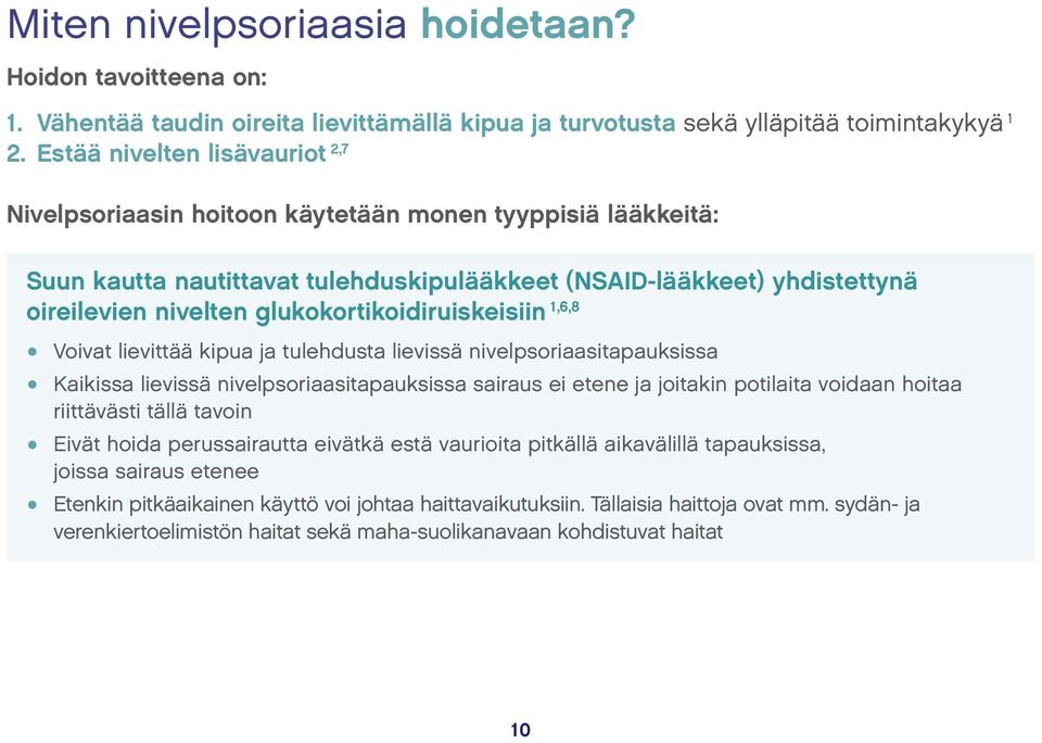 glukokortikoidiruiskeisiin 1,6,8 Voivat lievittää kipua ja tulehdusta lievissä nivelpsoriaasitapauksissa Kaikissa lievissä nivelpsoriaasitapauksissa sairaus ei etene ja joitakin potilaita voidaan