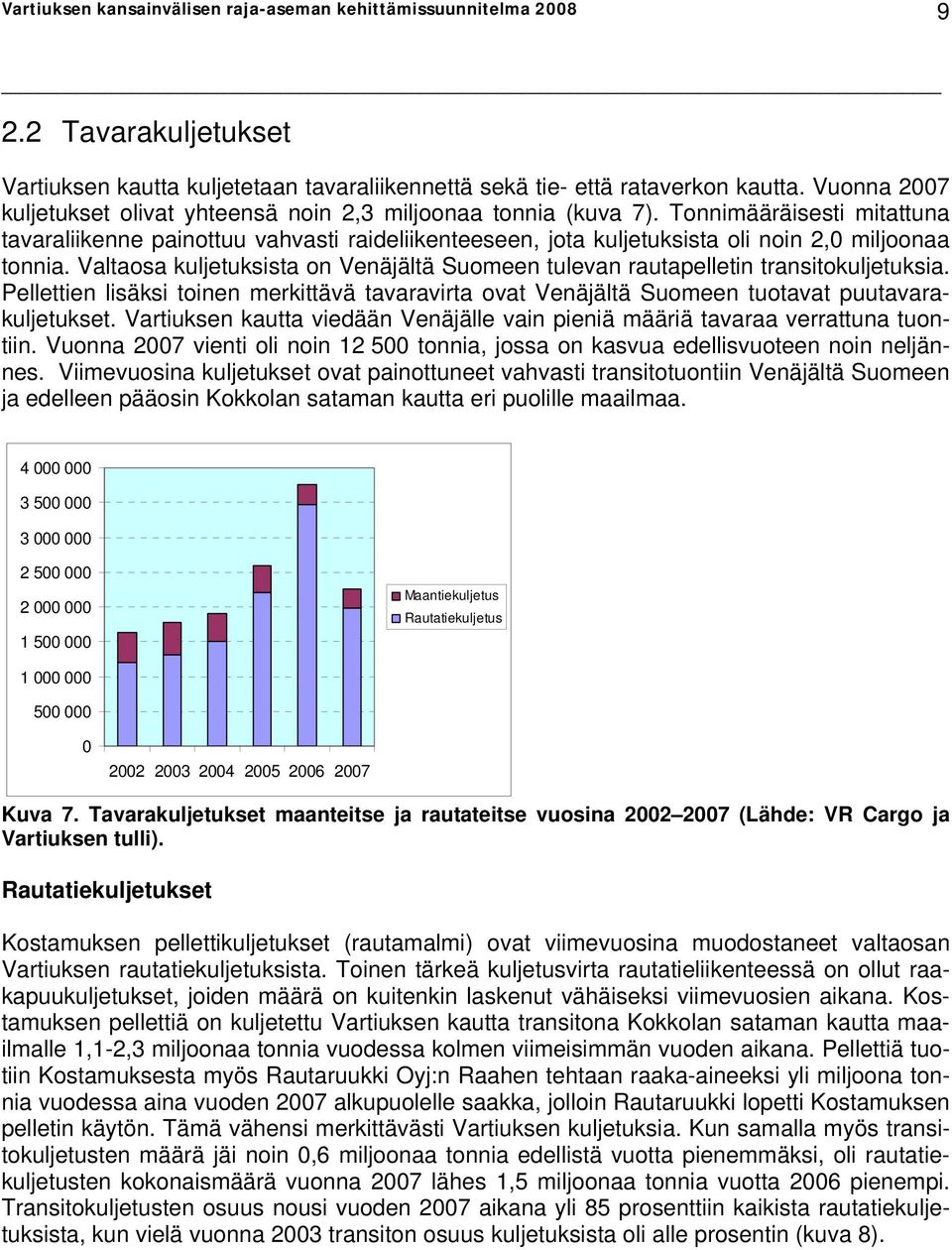 Tonnimääräisesti mitattuna tavaraliikenne painottuu vahvasti raideliikenteeseen, jota kuljetuksista oli noin 2,0 miljoonaa tonnia.