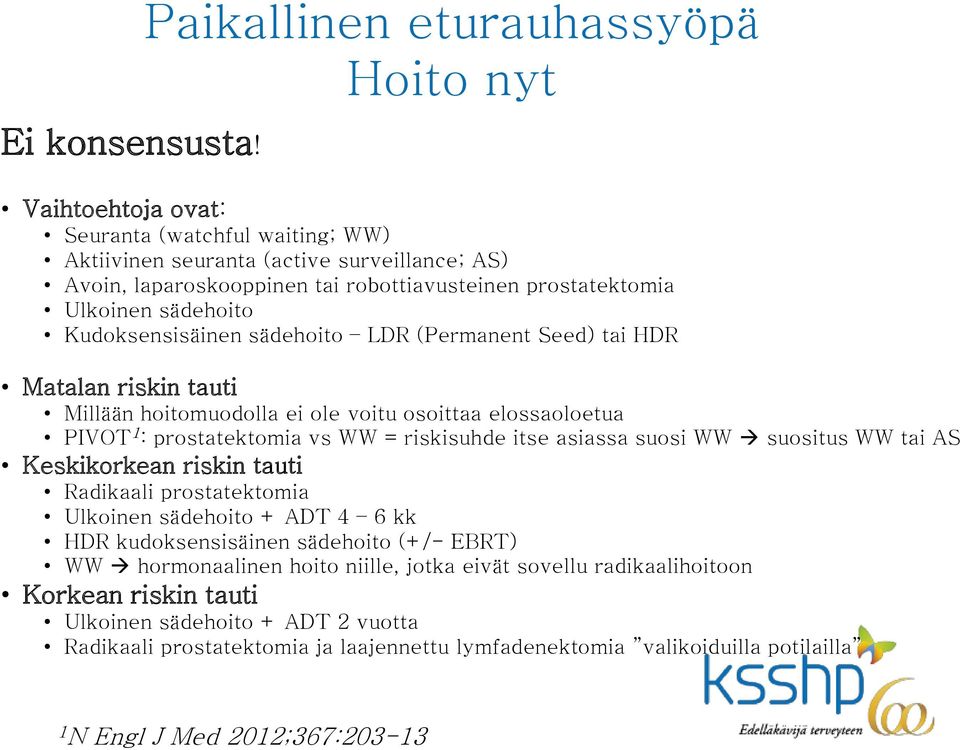 Ulkoinen sädehoito Kudoksensisäinen sädehoito LDR (Permanent Seed) tai HDR Matalan riskin tauti Millään hoitomuodolla ei ole voitu osoittaa elossaoloetua PIVOT 1 : prostatektomia vs WW = riskisuhde