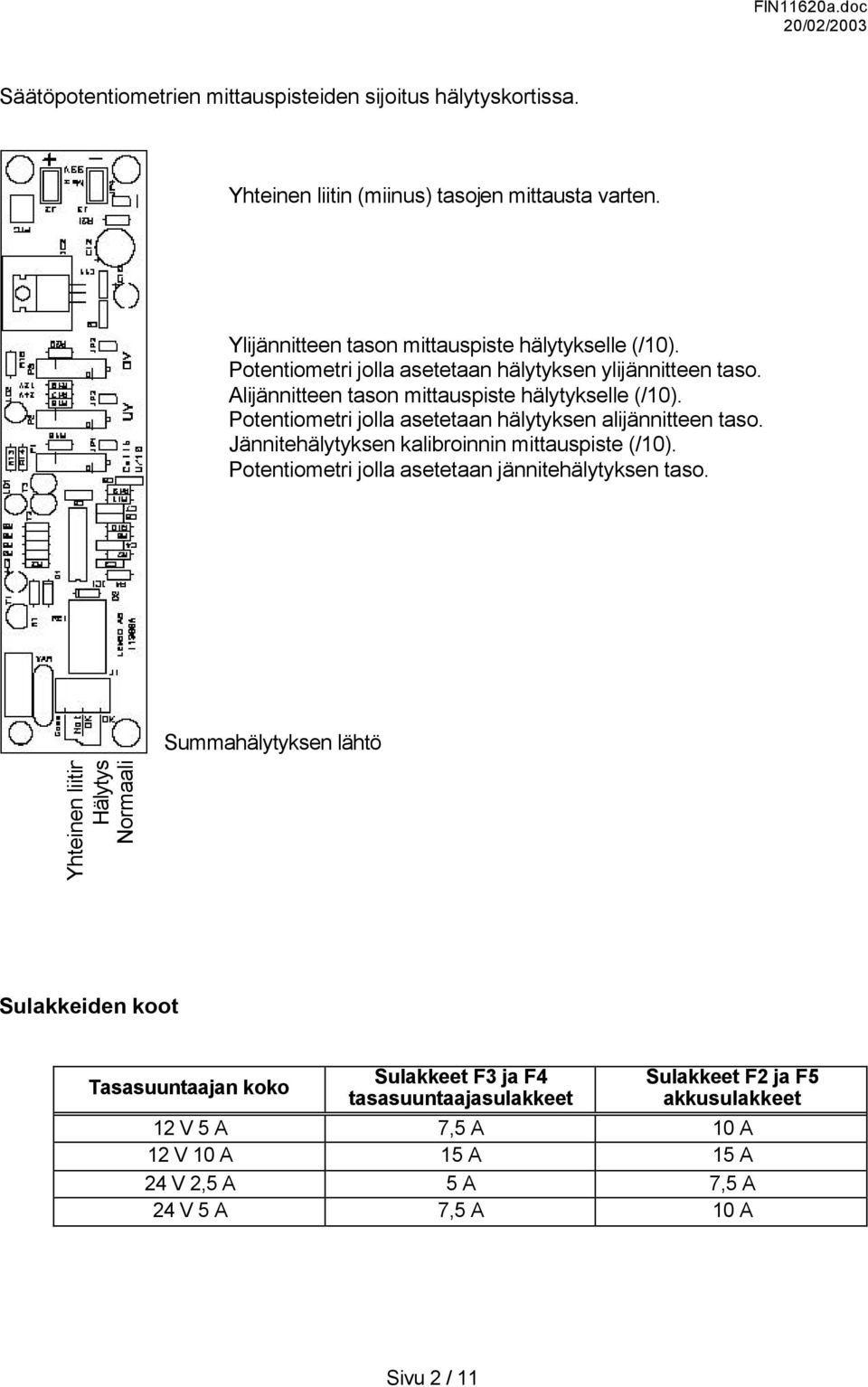 Jännitehälytyksen kalibroinnin mittauspiste (/10). Potentiometri jolla asetetaan jännitehälytyksen taso.