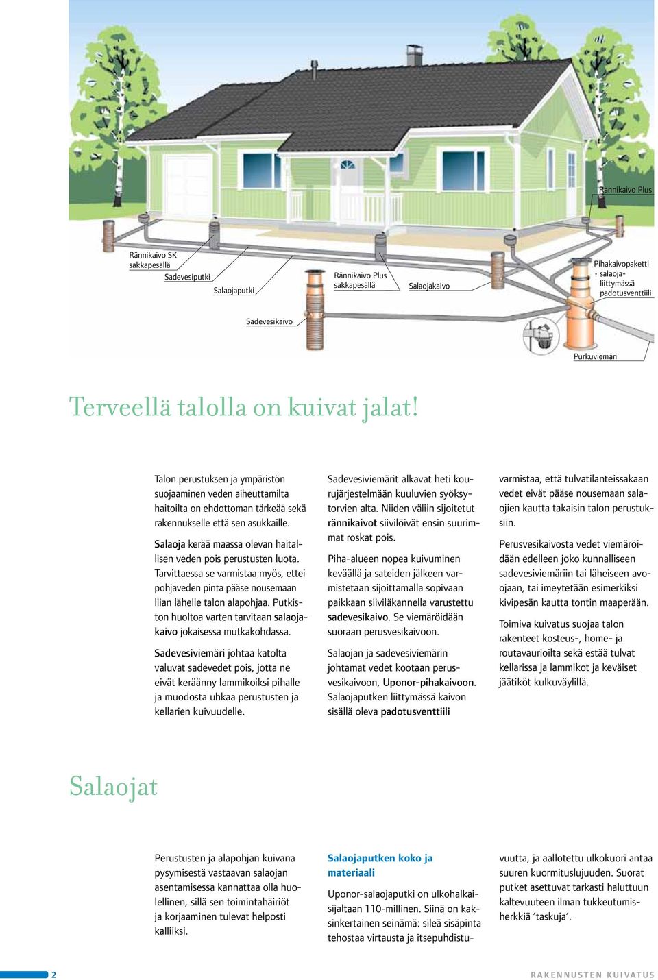 Salaoja kerää maassa olevan haitallisen veden pois perus tusten luota. Tarvittaessa se varmistaa myös, ettei pohjaveden pinta pääse nousemaan liian lähelle talon alapohjaa.