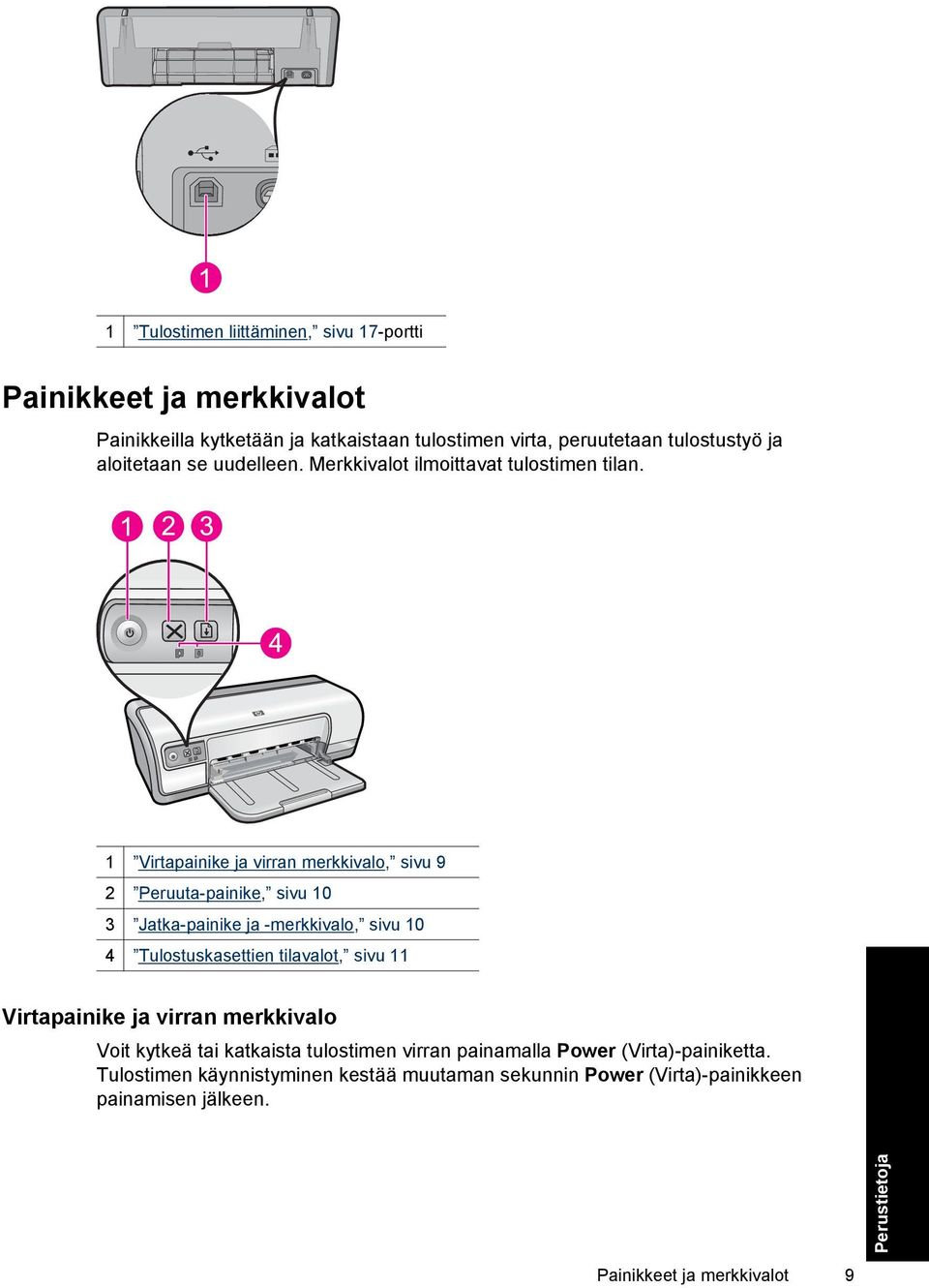 1 Virtapainike ja virran merkkivalo, sivu 9 2 Peruuta-painike, sivu 10 3 Jatka-painike ja -merkkivalo, sivu 10 4 Tulostuskasettien tilavalot, sivu 11