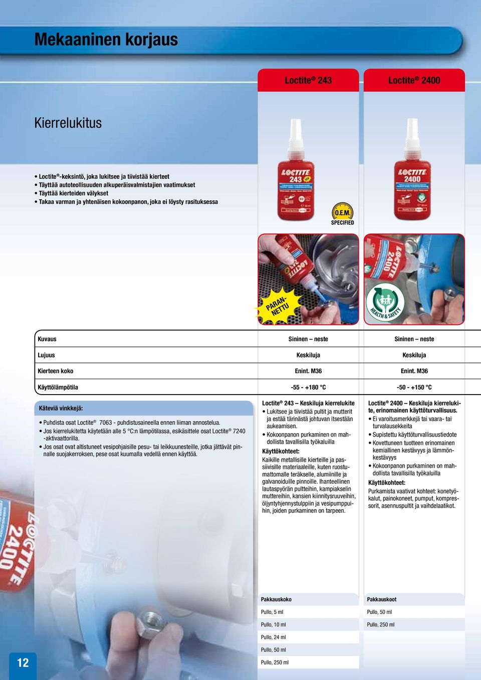 M36 Käyttölämpötila -55 - +180 C -50 - +150 C Käteviä vinkkejä: Puhdista osat Loctite 7063 - puhdistusaineella ennen liiman annostelua.