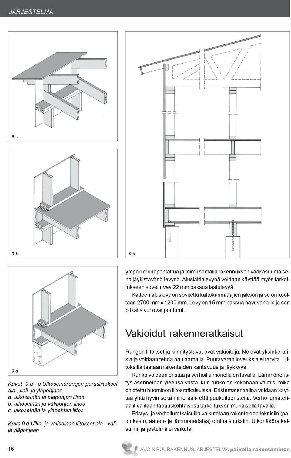 Levy on 15 mm paksua havuvaneria ja sen pitkät sivut ovat pontutut. Vakioidut rakenneratkaisut 9 a Kuvat 9 a - c Ulkoseinärungon perusliitokset ala-, väli- ja yläpohjaan. a. ulkoseinän ja alapohjan liitos b.