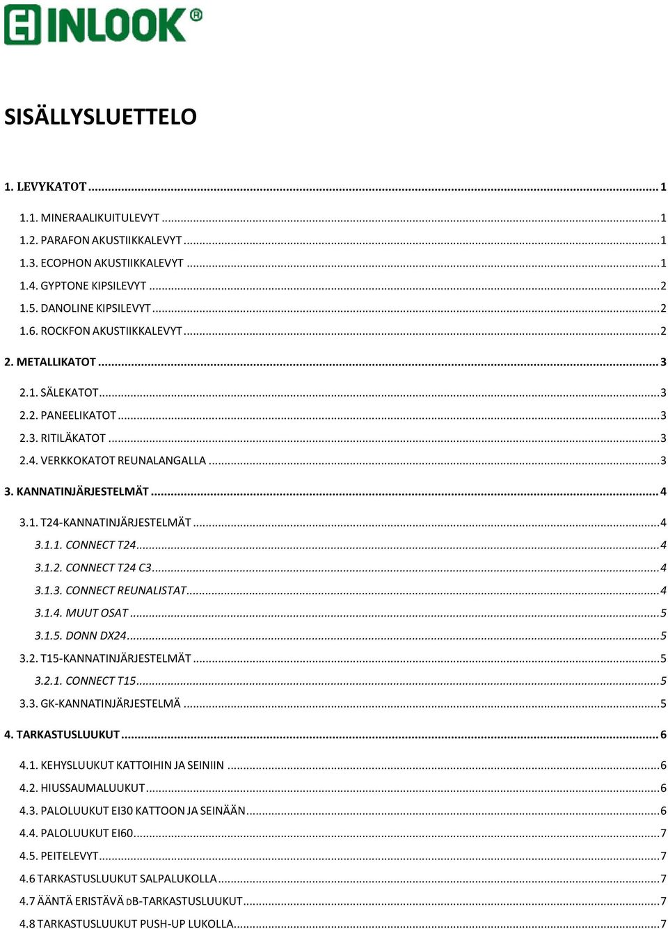 .. 4 3.1.1. CONNECT T24... 4 3.1.2. CONNECT T24 C3... 4 3.1.3. CONNECT REUNALISTAT... 4 3.1.4. MUUT OSAT... 5 3.1.5. DONN DX24... 5 3.2. T15-KANNATINJÄRJESTELMÄT... 5 3.2.1. CONNECT T15... 5 3.3. GK-KANNATINJÄRJESTELMÄ.