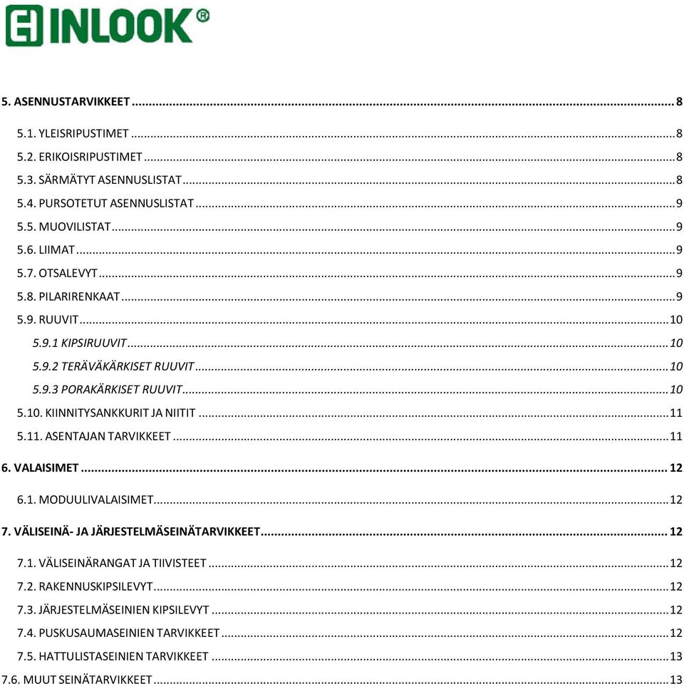 .. 11 5.11. ASENTAJAN TARVIKKEET... 11 6. VALAISIMET... 12 6.1. MODUULIVALAISIMET... 12 7. VÄLISEINÄ- JA JÄRJESTELMÄSEINÄTARVIKKEET... 12 7.1. VÄLISEINÄRANGAT JA TIIVISTEET... 12 7.2. RAKENNUSKIPSILEVYT.