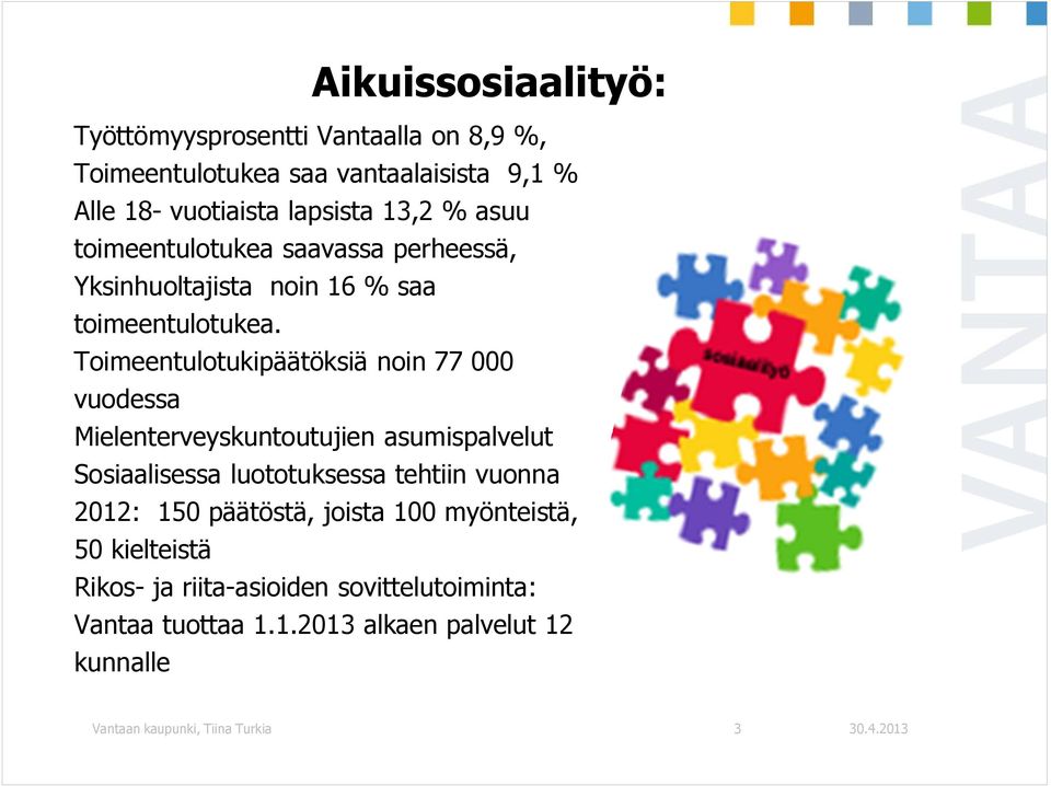 Toimeentulotukipäätöksiä noin 77 000 vuodessa Mielenterveyskuntoutujien asumispalvelut Sosiaalisessa luototuksessa tehtiin vuonna 2012: