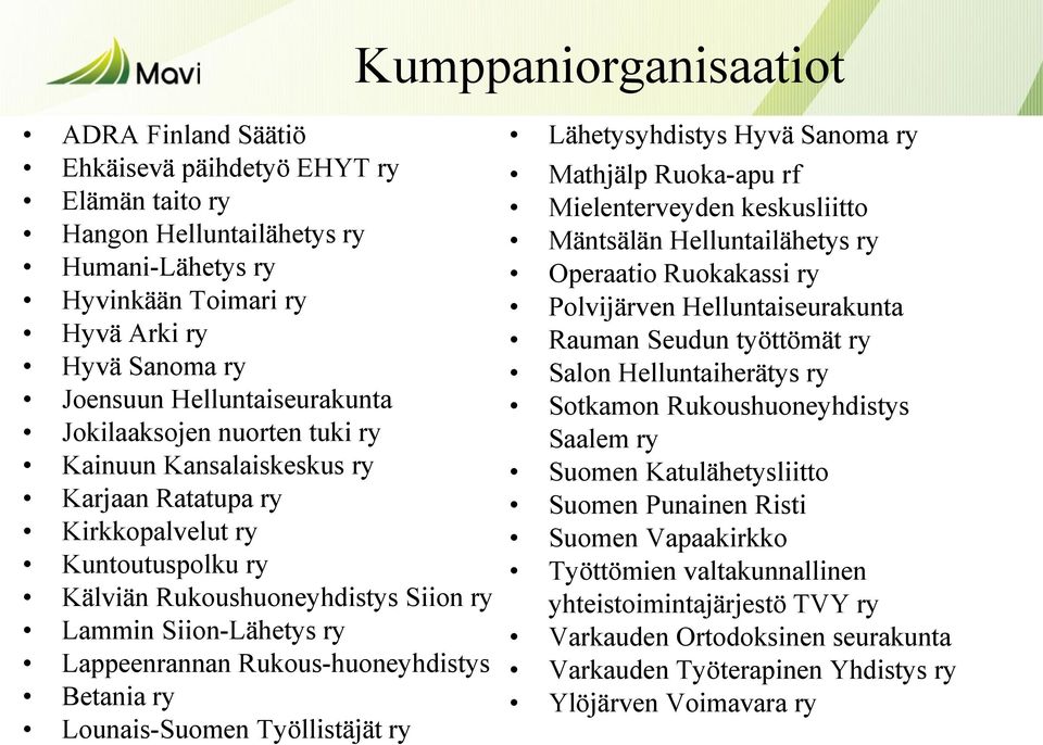 Lappeenrannan Rukous-huoneyhdistys Betania ry Lounais-Suomen Työllistäjät ry Lähetysyhdistys Hyvä Sanoma ry Mathjälp Ruoka-apu rf Mielenterveyden keskusliitto Mäntsälän Helluntailähetys ry Operaatio