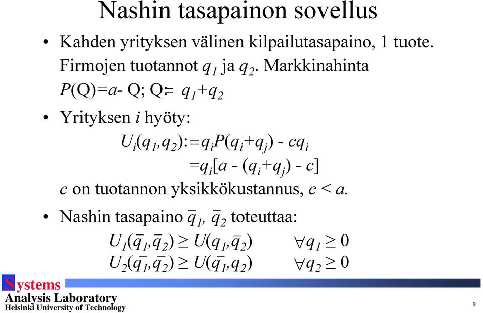 Markkinahinta P(Q)=a- Q; Q: q 1 +q 2 Yritykseni hyöty: U i (q 1,q 2 ): q i P(q i +q j ) -cq i