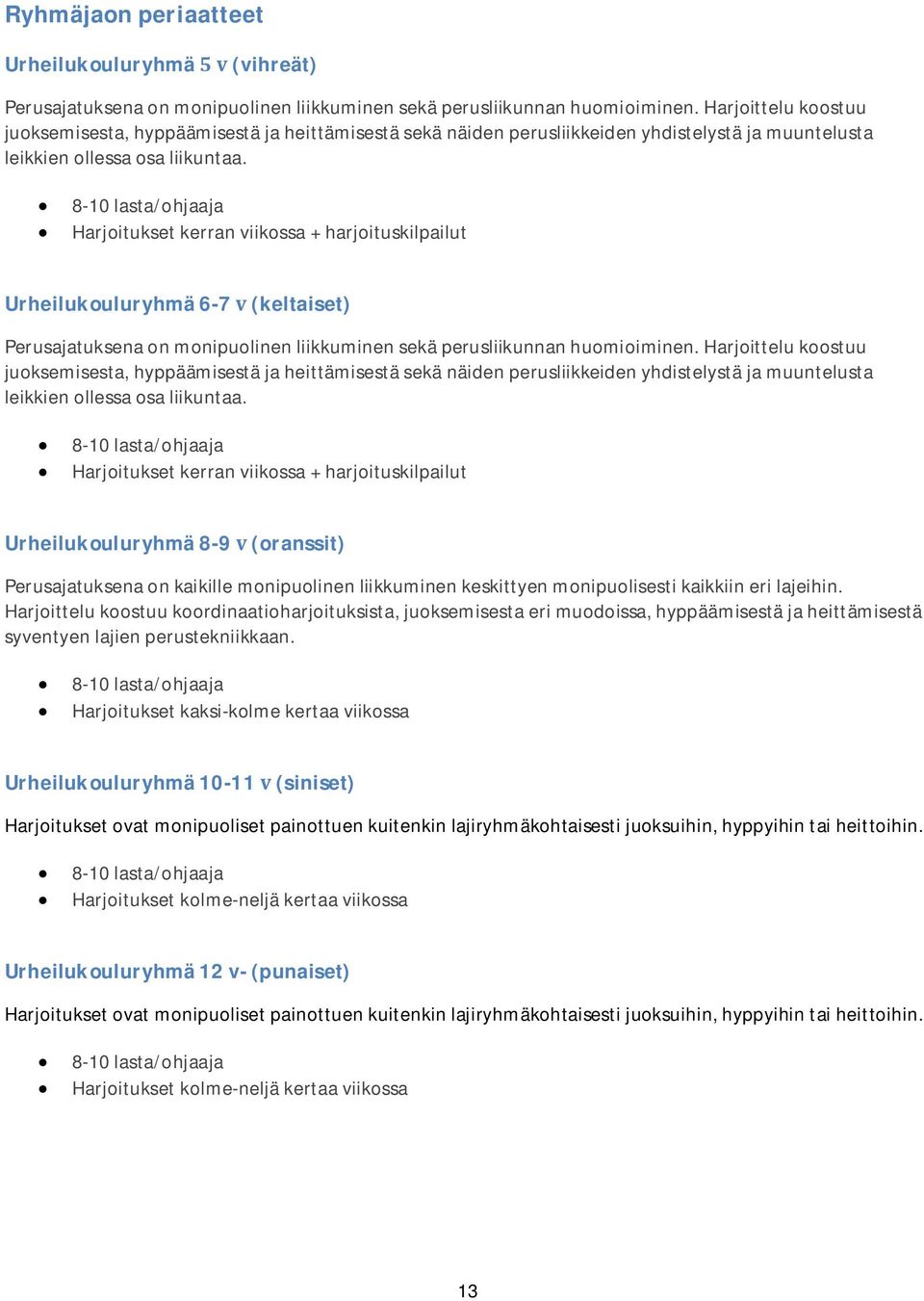 8-10 lasta/ohjaaja Harjoitukset kerran viikossa + harjoituskilpailut Urheilukouluryhmä6-7(keltaiset) Perusajatuksena on monipuolinen liikkuminen sekä perusliikunnan huomioiminen.