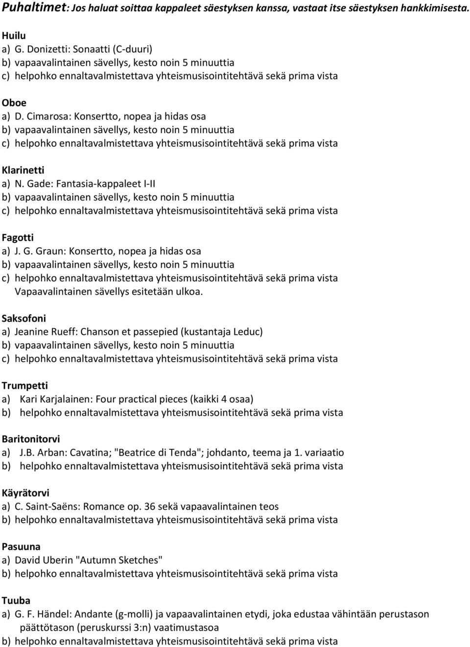 Saksofoni a) Jeanine Rueff: Chanson et passepied (kustantaja Leduc) Trumpetti a) Kari Karjalainen: Four practical pieces (kaikki 4 osaa) Baritonitorvi a) J.B. Arban: Cavatina; "Beatrice di Tenda"; johdanto, teema ja 1.