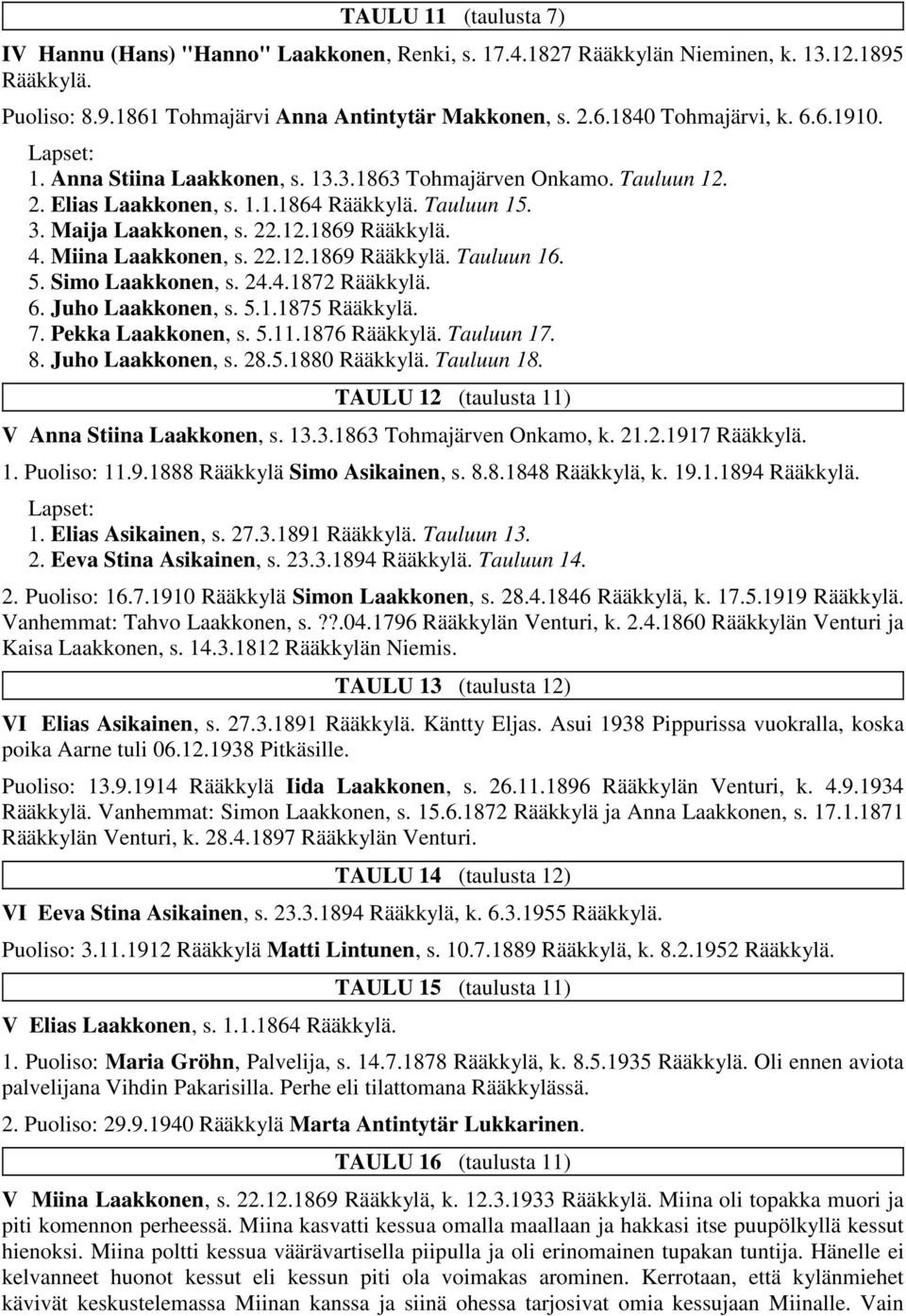 Simo Laakkonen, s. 24.4.1872 6. Juho Laakkonen, s. 5.1.1875 7. Pekka Laakkonen, s. 5.11.1876 Tauluun 17. 8. Juho Laakkonen, s. 28.5.1880 Tauluun 18. TAULU 12 (taulusta 11) V Anna Stiina Laakkonen, s.