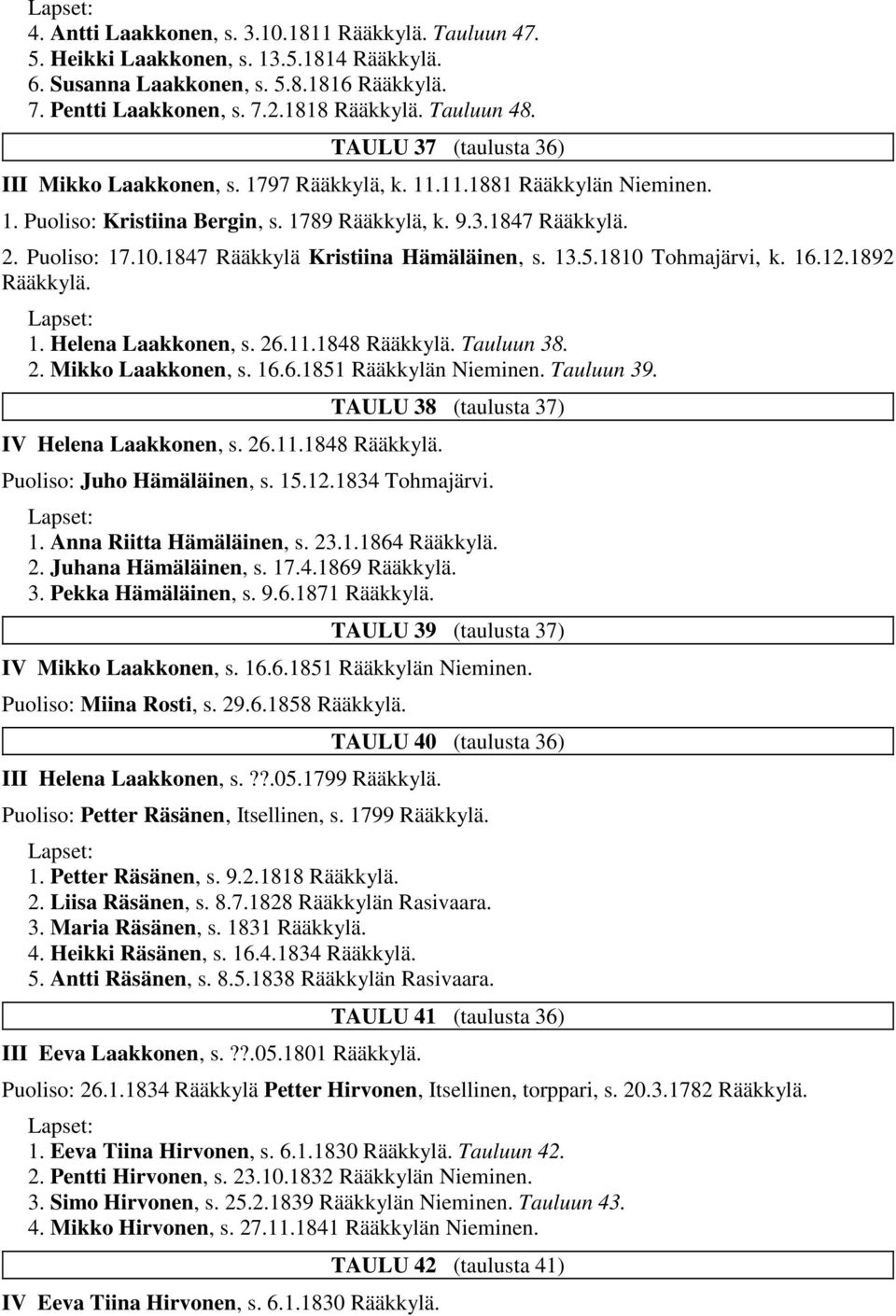 1847 Rääkkylä Kristiina Hämäläinen, s. 13.5.1810 Tohmajärvi, k. 16.12.1892 1. Helena Laakkonen, s. 26.11.1848 Tauluun 38. 2. Mikko Laakkonen, s. 16.6.1851 Rääkkylän Nieminen. Tauluun 39.