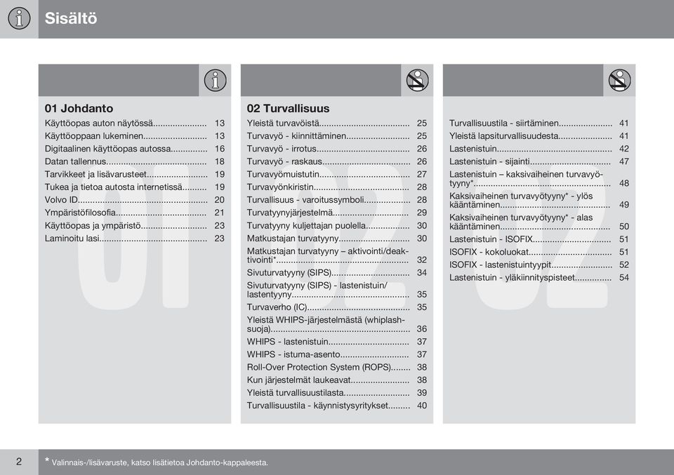 .. 28 Volvo ID... 20 Turvallisuus - varoitussymboli... 28 Ympäristöfilosofia... 21 Turvatyynyjärjestelmä... 29 Käyttöopas ja ympäristö... 23 Turvatyyny kuljettajan puolella... 30 Laminoitu lasi.