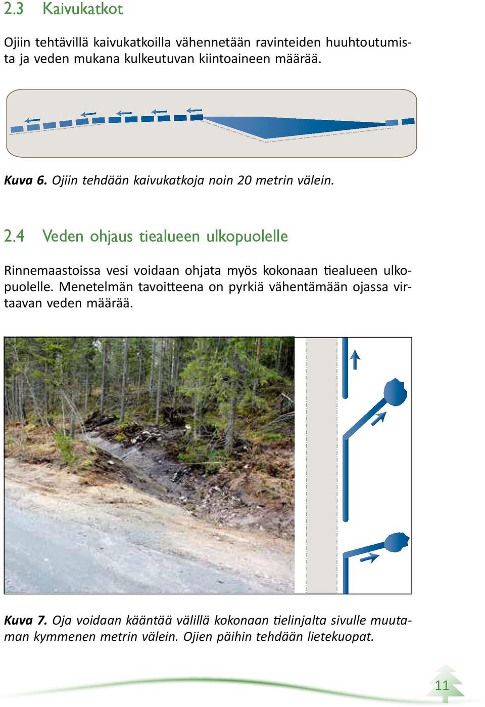 metrin välein. 2.4 Veden ohjaus tiealueen ulkopuolelle Rinnemaastoissa vesi voidaan ohjata myös kokonaan tiealueen ulkopuolelle.