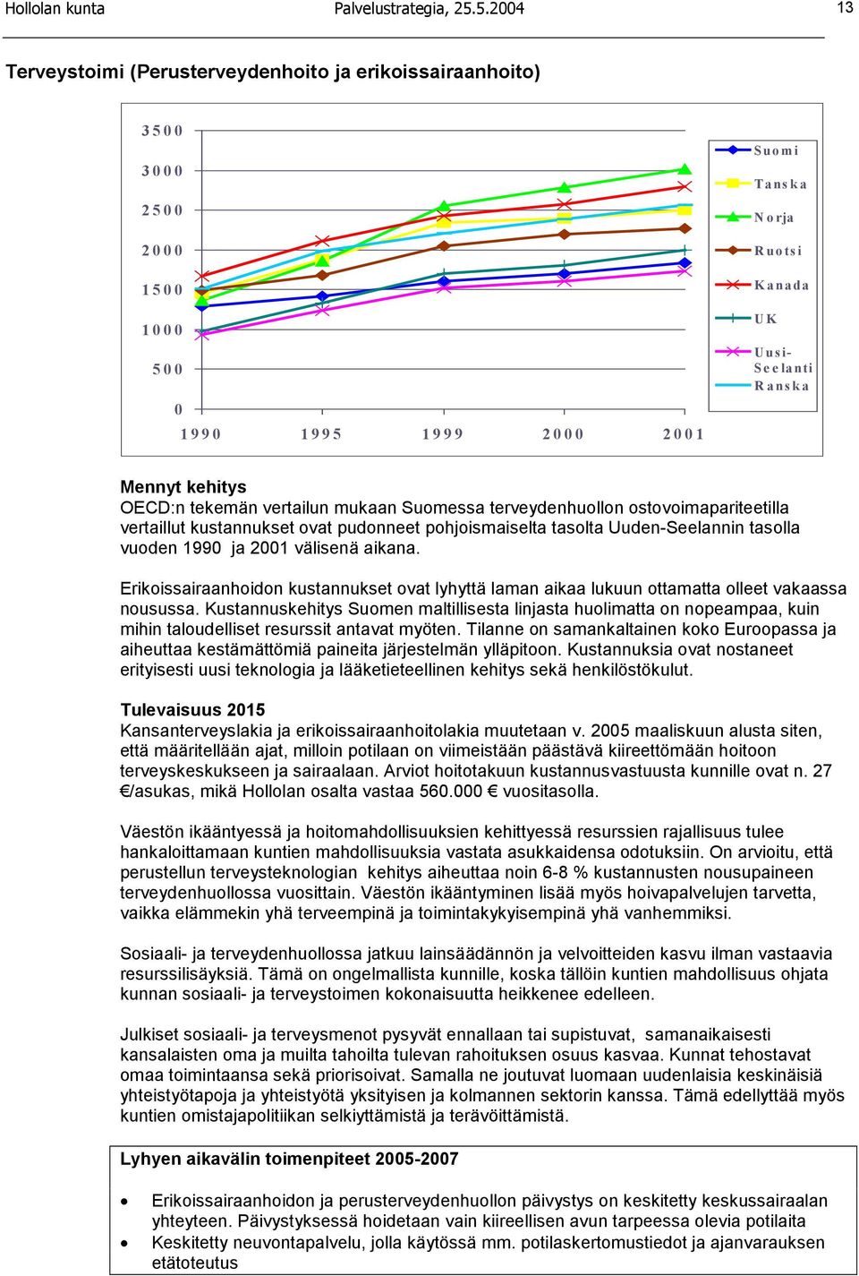 kehitys OECD:n tekemän vertailun mukaan Suomessa terveydenhuollon ostovoimapariteetilla vertaillut kustannukset ovat pudonneet pohjoismaiselta tasolta Uuden-Seelannin tasolla vuoden 1990 ja 2001