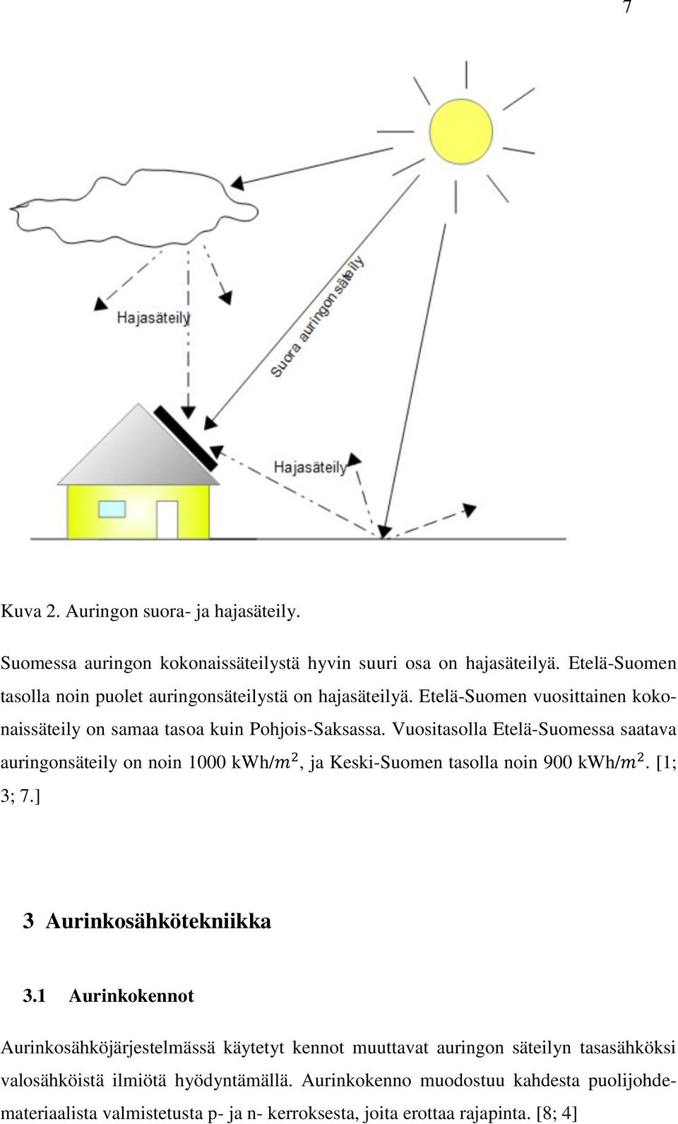 Vuositasolla Etelä-Suomessa saatava auringonsäteily on noin 1000 kwh/m 2, ja Keski-Suomen tasolla noin 900 kwh/m 2. [1; 3; 7.] 3 Aurinkosähkötekniikka 3.