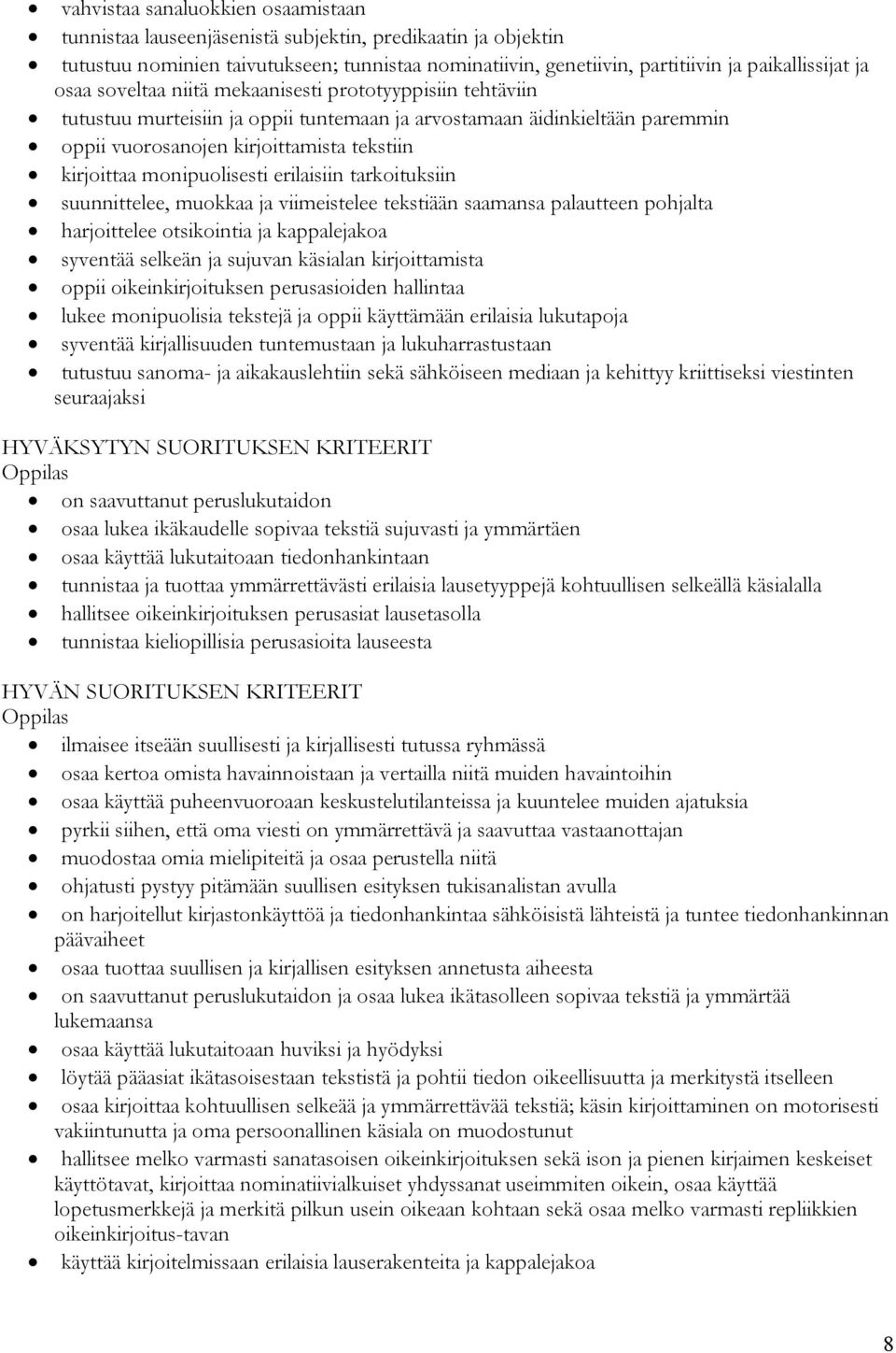 monipuolisesti erilaisiin tarkoituksiin suunnittelee, muokkaa ja viimeistelee tekstiään saamansa palautteen pohjalta harjoittelee otsikointia ja kappalejakoa syventää selkeän ja sujuvan käsialan