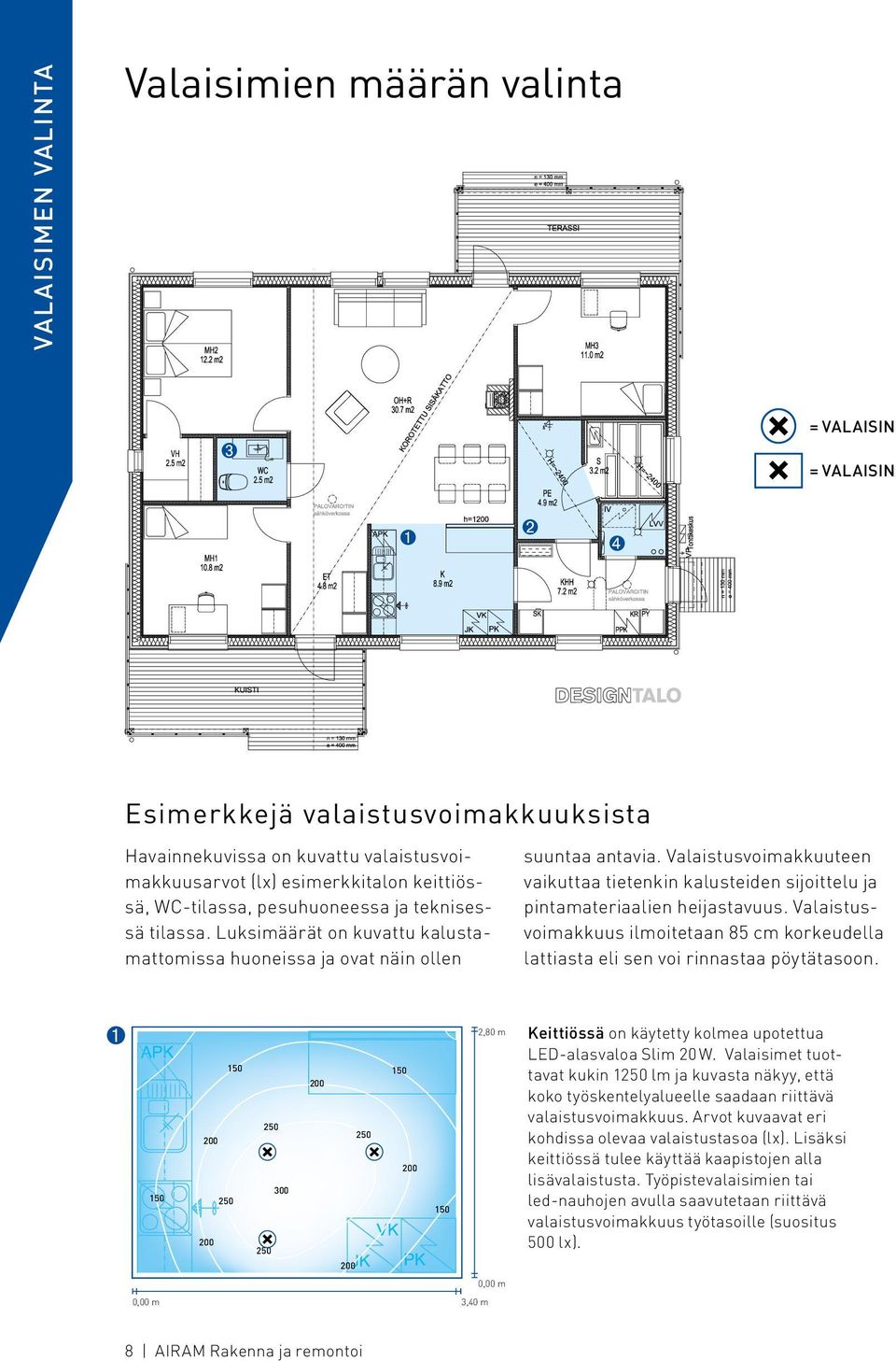 Valaistusvoimakkuuteen vaikuttaa tietenkin kalusteiden sijoittelu ja pintamateriaalien heijastavuus. Valaistusvoimakkuus ilmoitetaan 85 cm korkeudella lattiasta eli sen voi rinnastaa pöytätasoon.