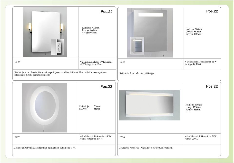 Lisätietoja: Astro Modena peilikaappi. Pos.22 Pos.22 Halkaisija 550mm 55mm Korkeus: 600mm Leveys:1250mm : 55mm 0497 Valonlähteenä T9 kantainen 40W rengasloisteputki. IP44.