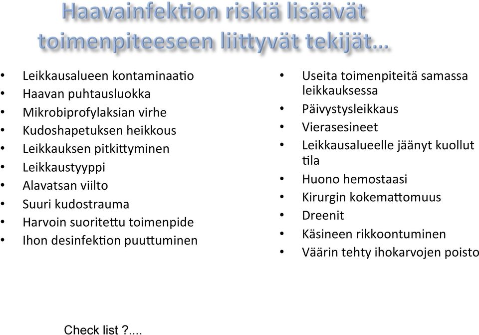 puuguminen Useita toimenpiteitä samassa leikkauksessa Päivystysleikkaus Vierasesineet Leikkausalueelle jäänyt