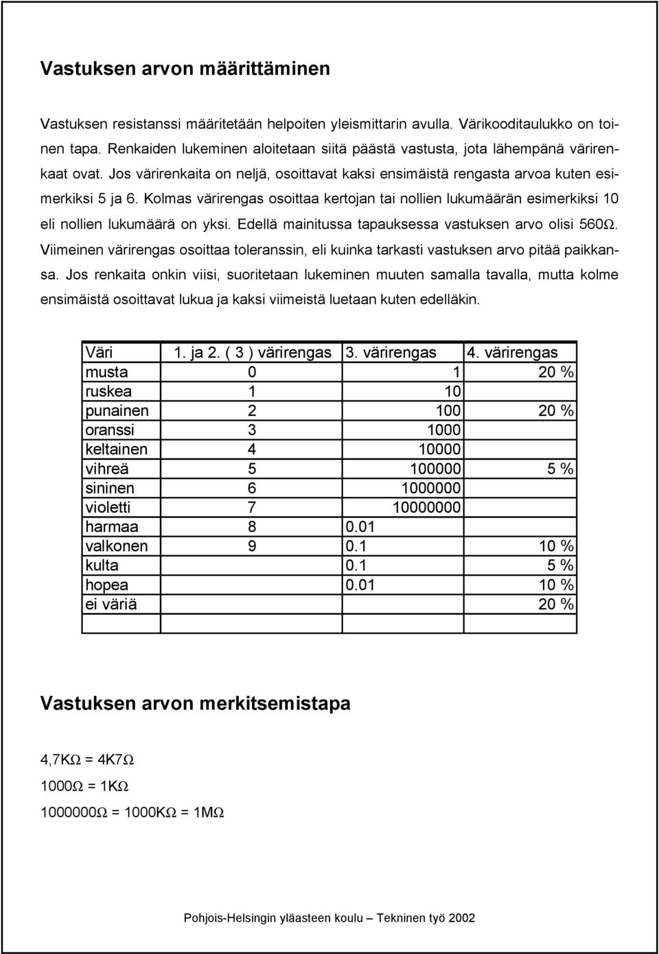 Kolmas värirengas osoittaa kertojan tai nollien lukumäärän esimerkiksi 10 eli nollien lukumäärä on yksi. Edellä mainitussa tapauksessa vastuksen arvo olisi 560Ω.