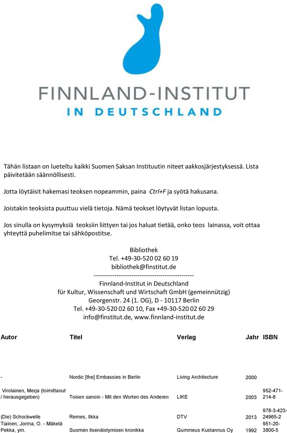 Jos sinulla on kysymyksiä teoksiin liittyen tai jos haluat tietää, onko teos lainassa, voit ottaa yhteyttä puhelimitse tai sähköpostitse. Bibliothek Tel. +49-30-520 02 60 19 bibliothek@finstitut.